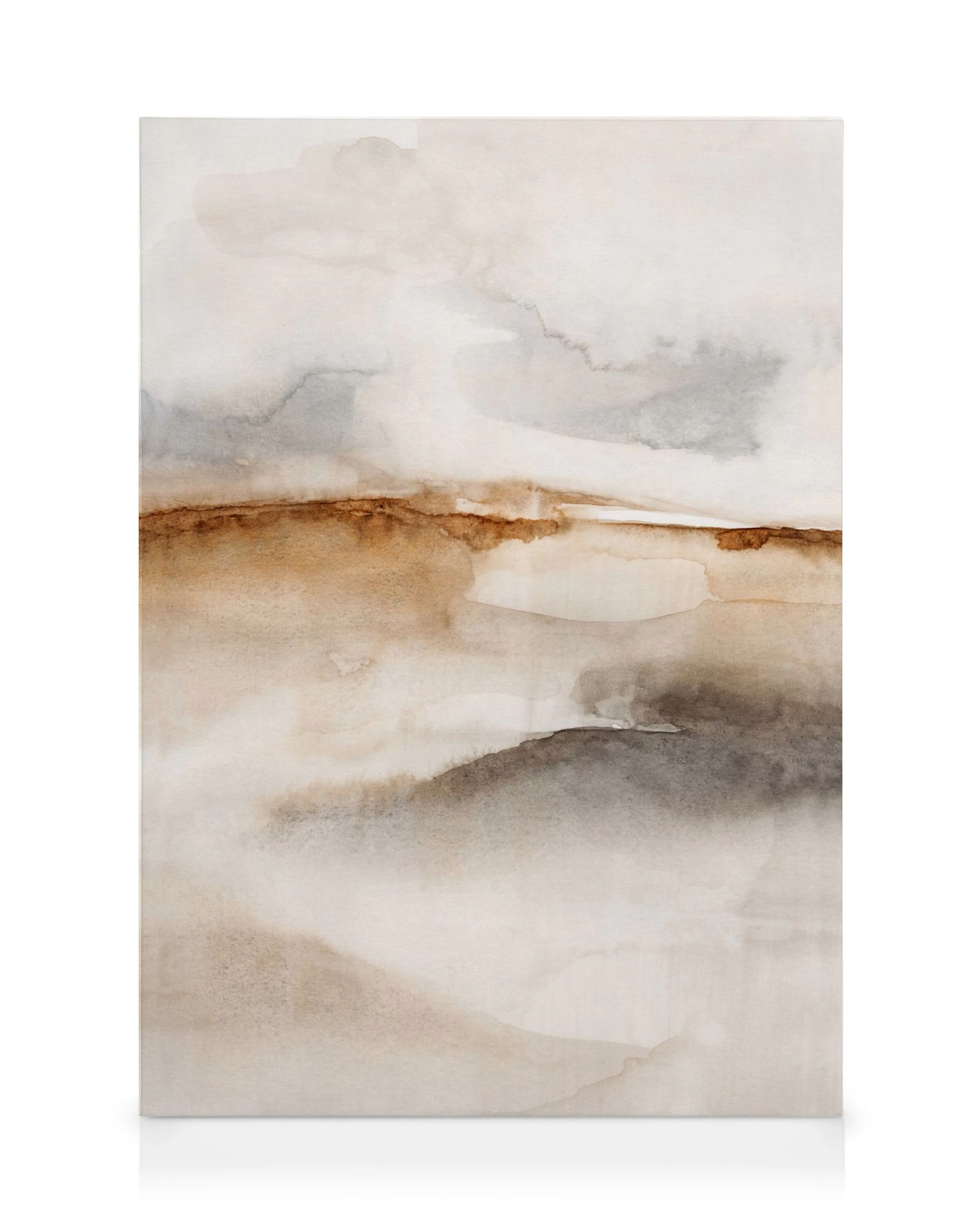 Neutral abstract watercolor canvas with earthy tones of beige, off-white, and grey, featuring a distinct rust-colored horizontal