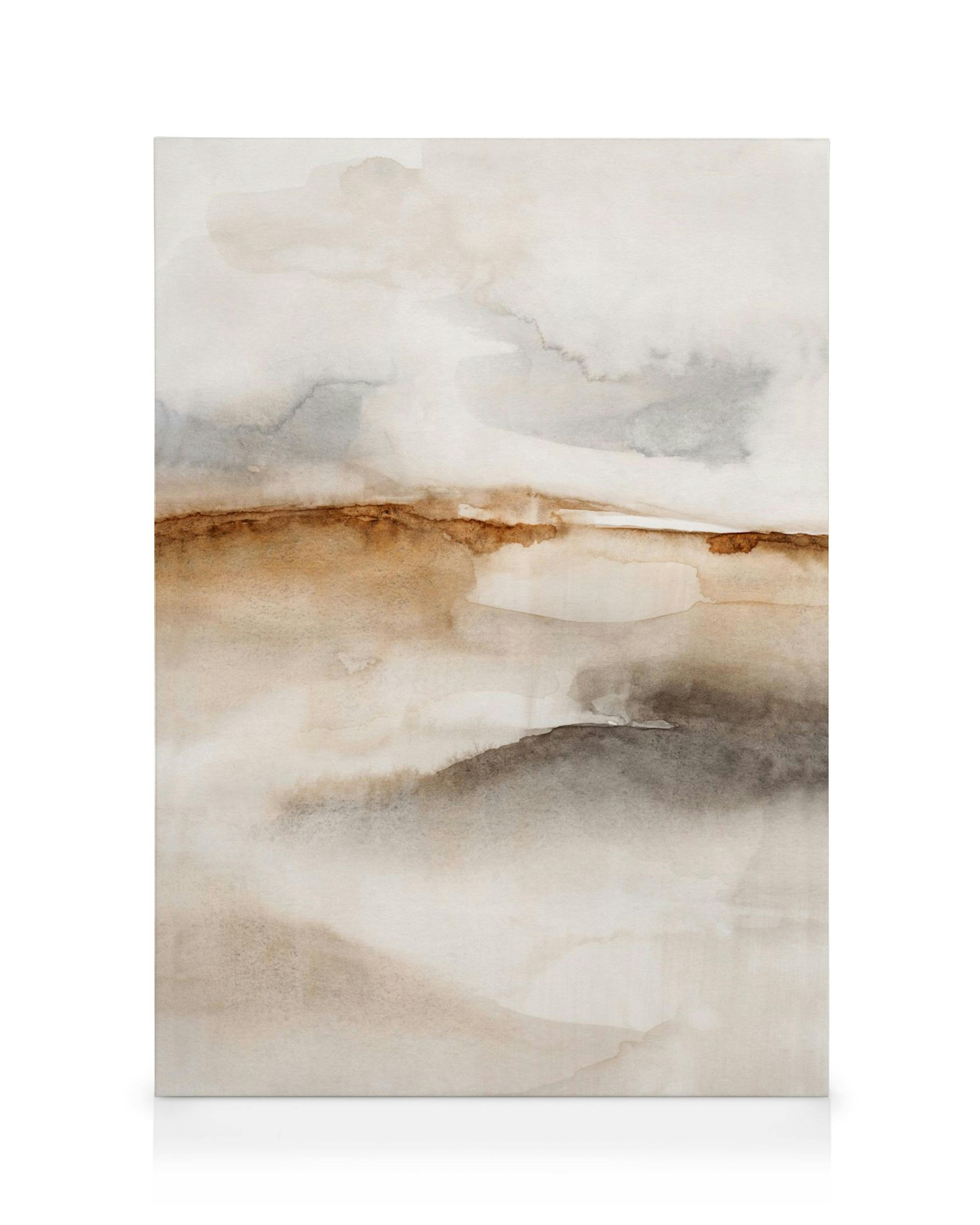 Lienzo abstracto acuarela con tonos tierra de marrón, gris y blanco, creando una textura fluida similar a nubes y dunas.