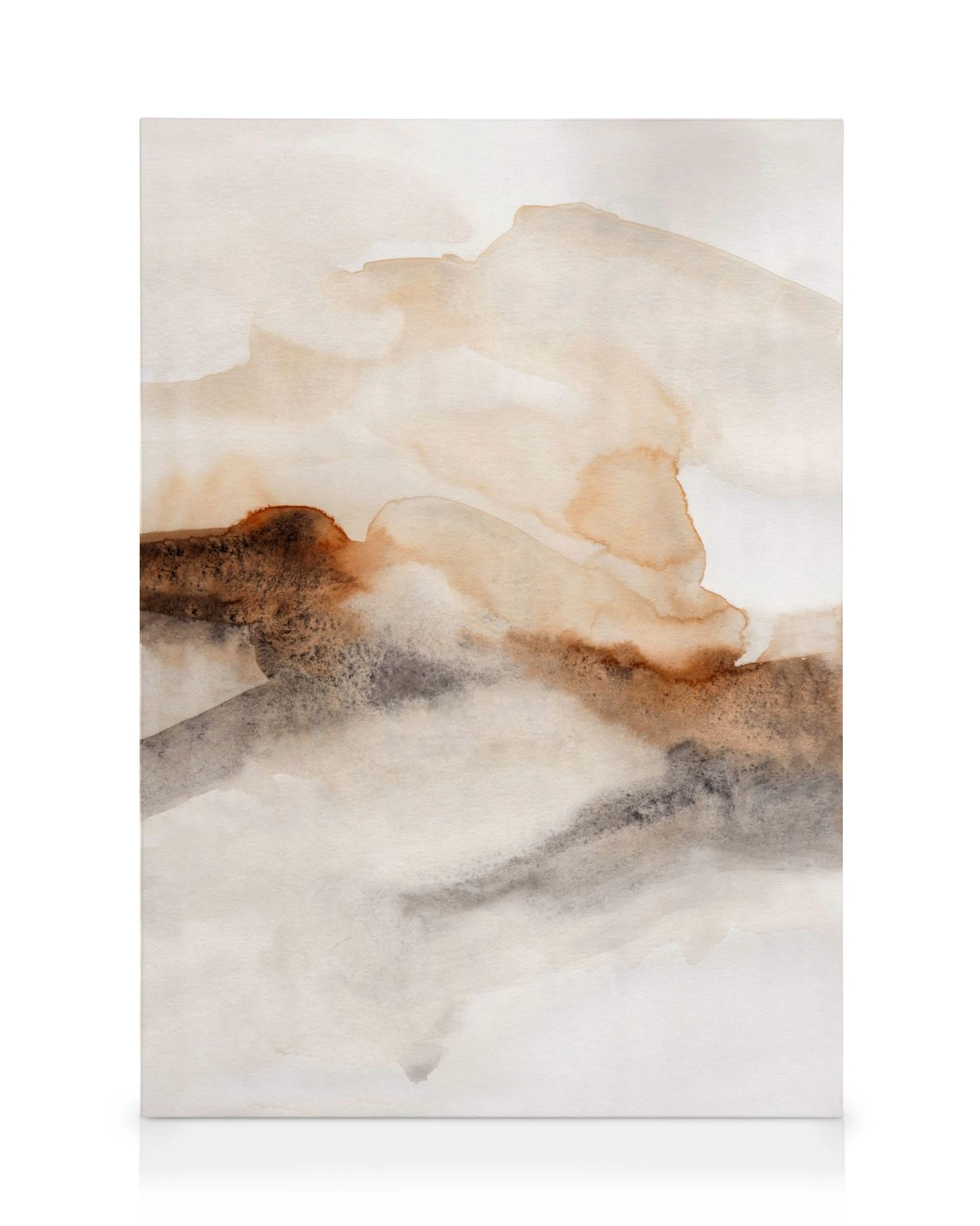 Aquarel canvas met zachte wassingen van bruin, beige en grijs, vergelijkbaar met een abstract landschap.