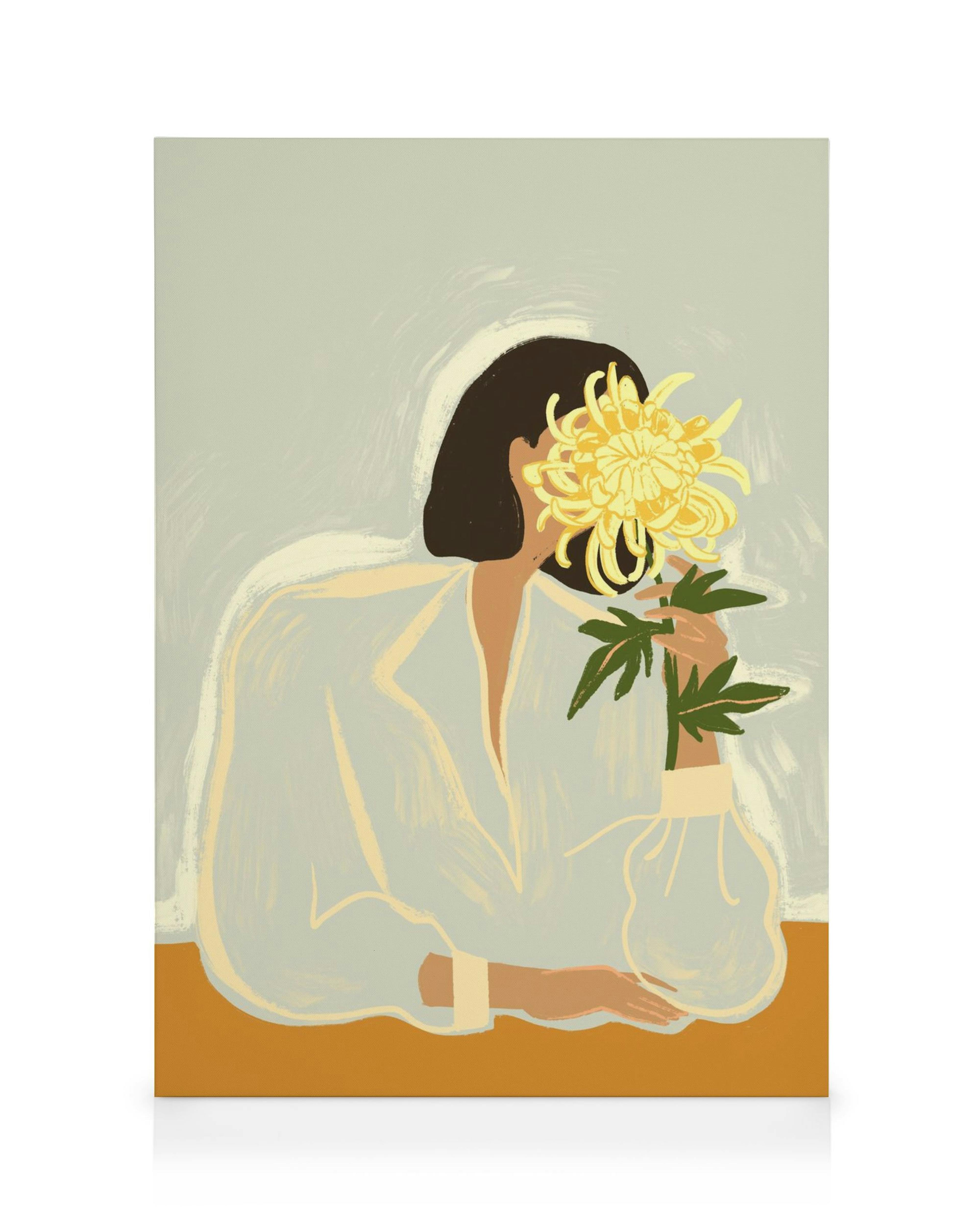 Ilustración de una persona sosteniendo un crisantemo amarillo, estilo Arty Guava, arte moderno, Lienzo The Chrysanthemum