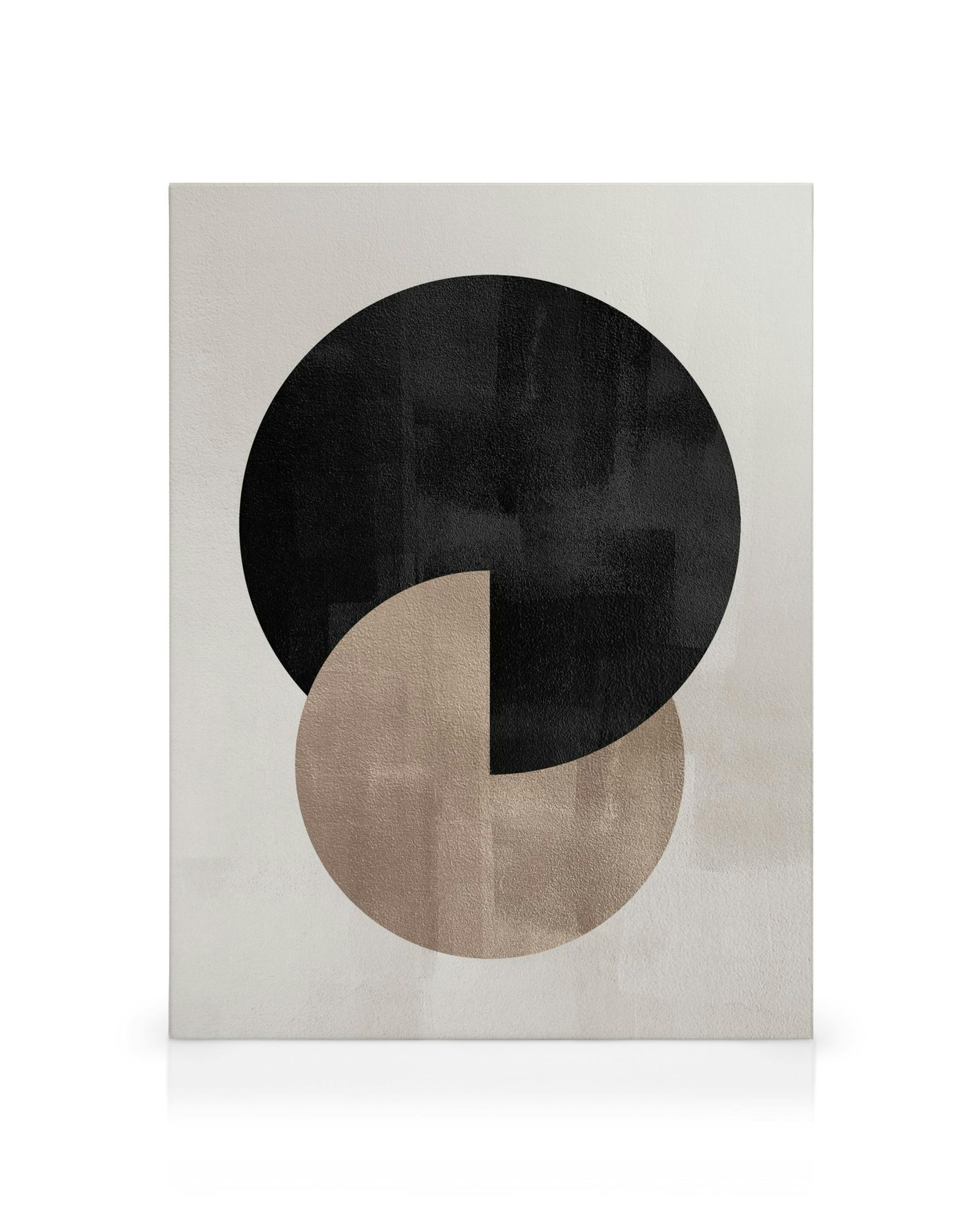 Graphic canvas print with overlapping black and beige circles on a grey-beige background with an uneven texture. Modern art for 
