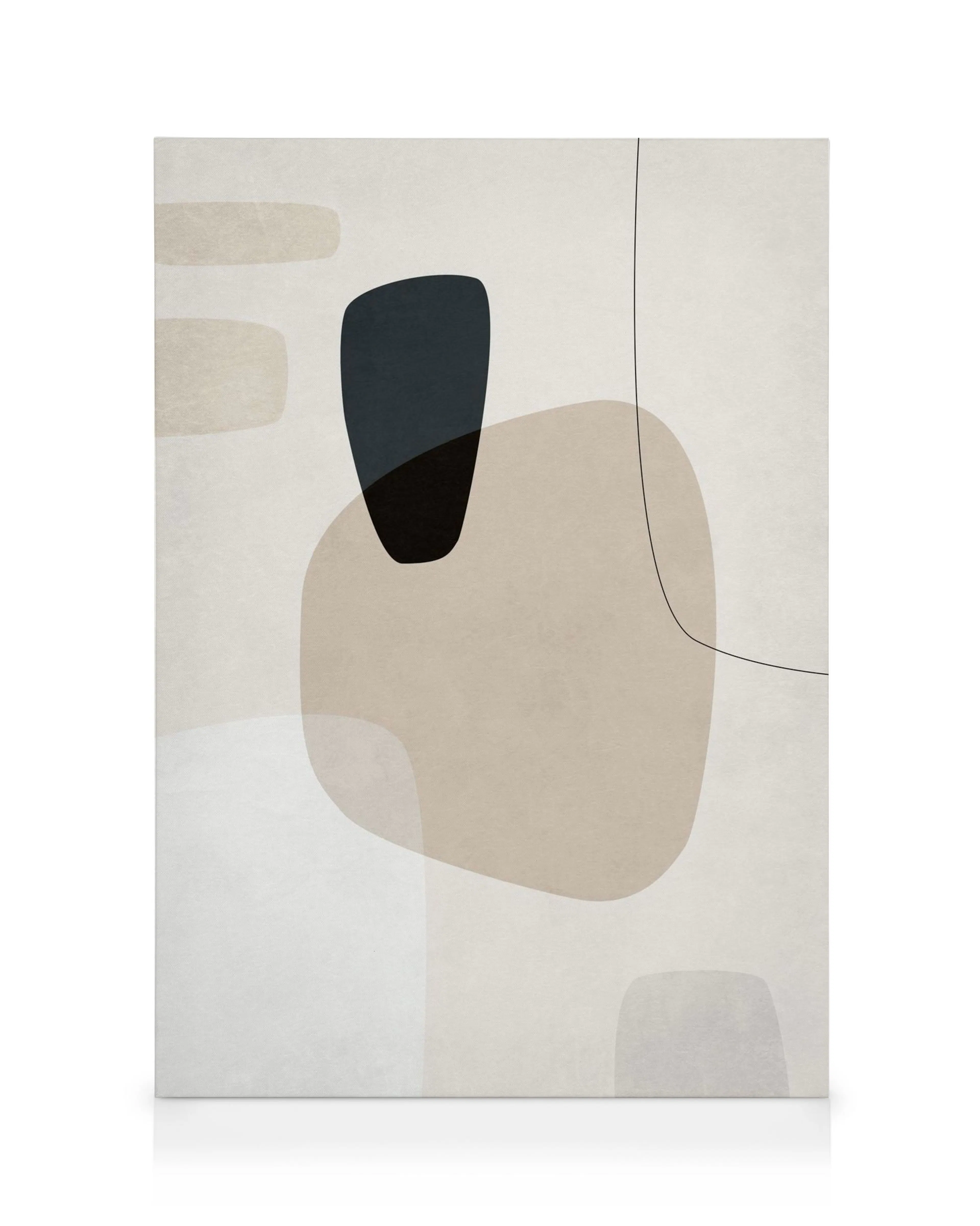 Abstraktes Leinwandbild mit Formen in Beige, Schwarz und Grau auf strukturiertem weißem Hintergrund, minimalistische Kunst.