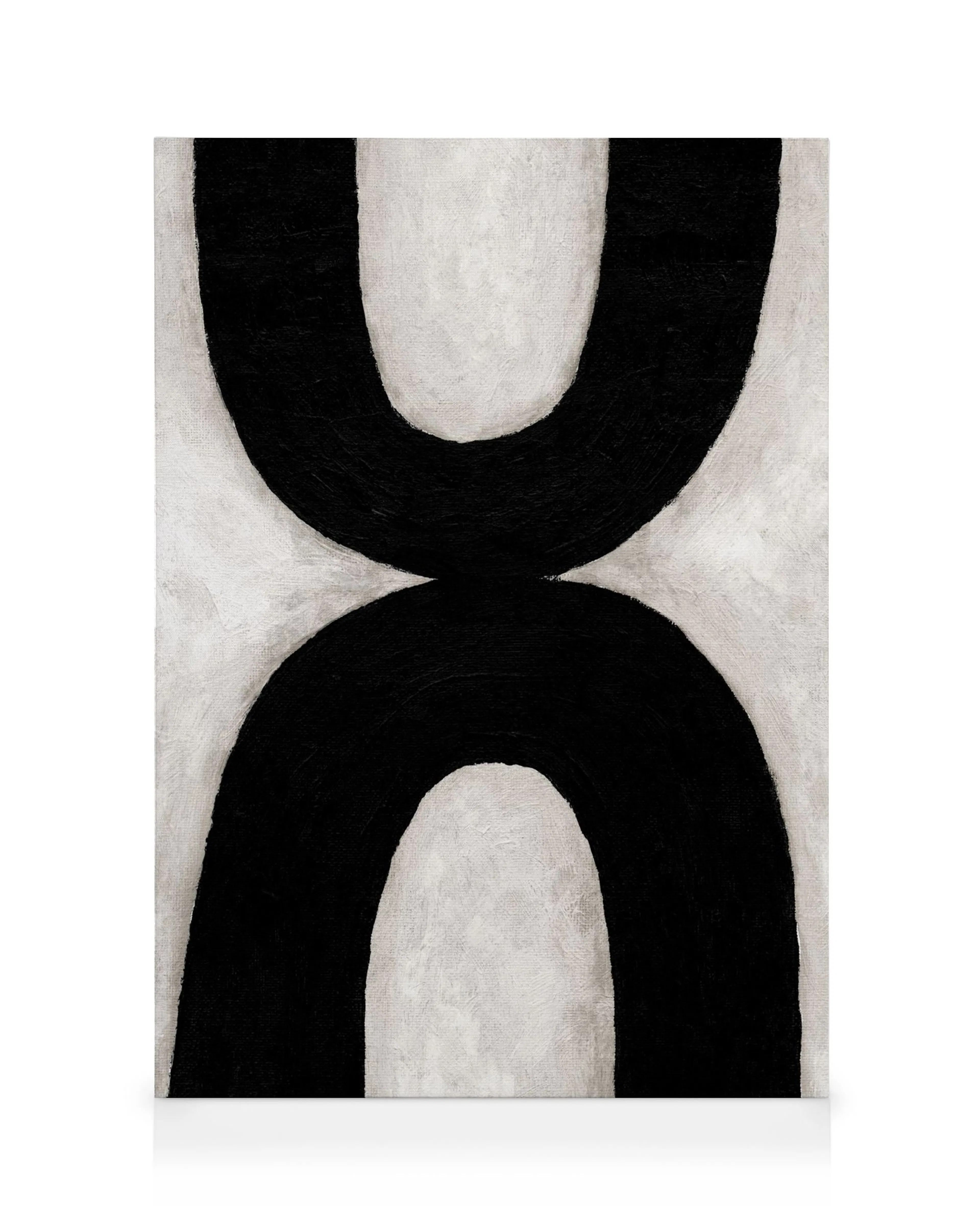 Toile avec une illustration graphique de deux arches noires épaisses sur un fond beige, typographie moderne.