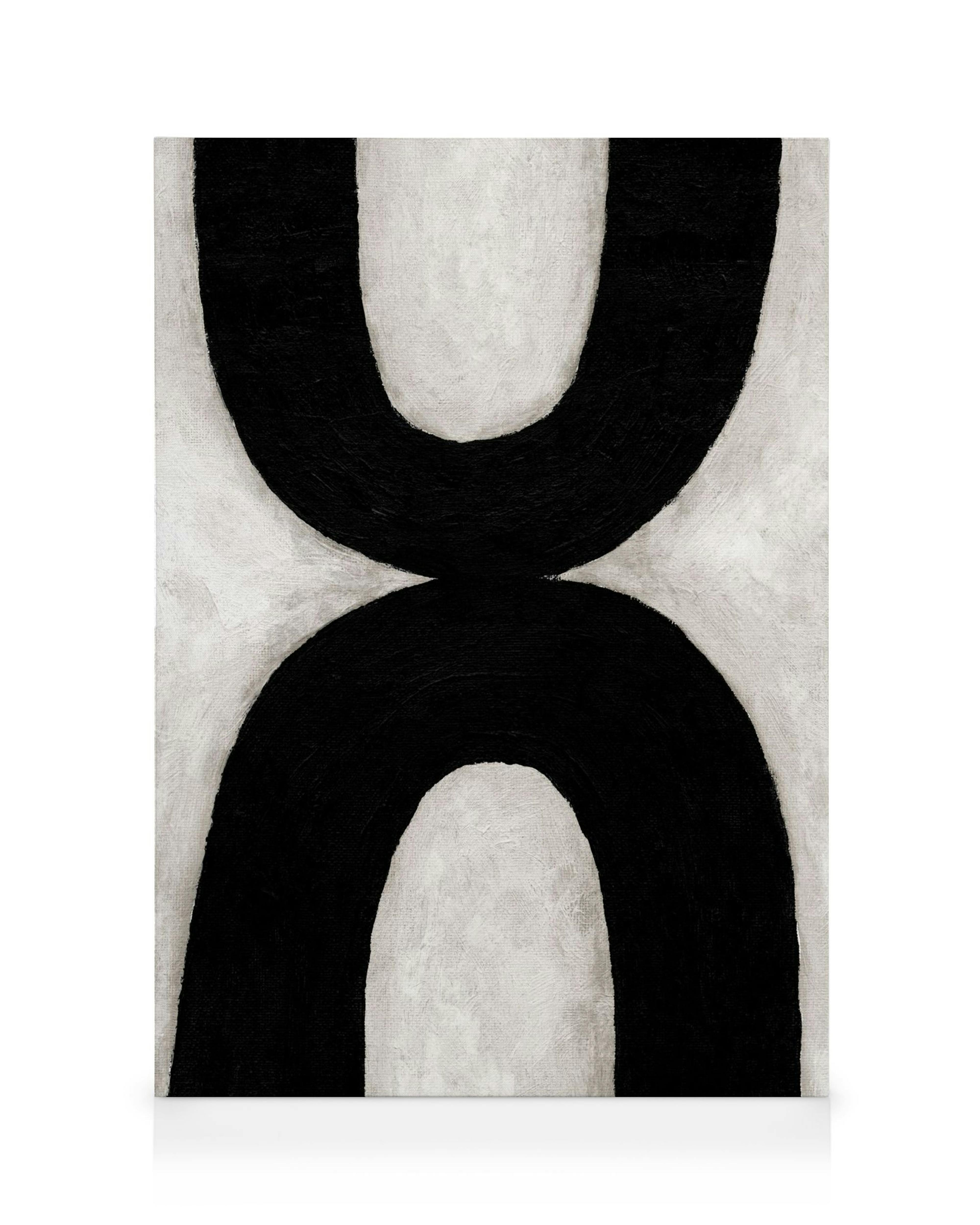 Tela gráfica Up and Down com arcos pretos ousados sobre fundo bege, textura áspera. Arte de parede contemporânea.