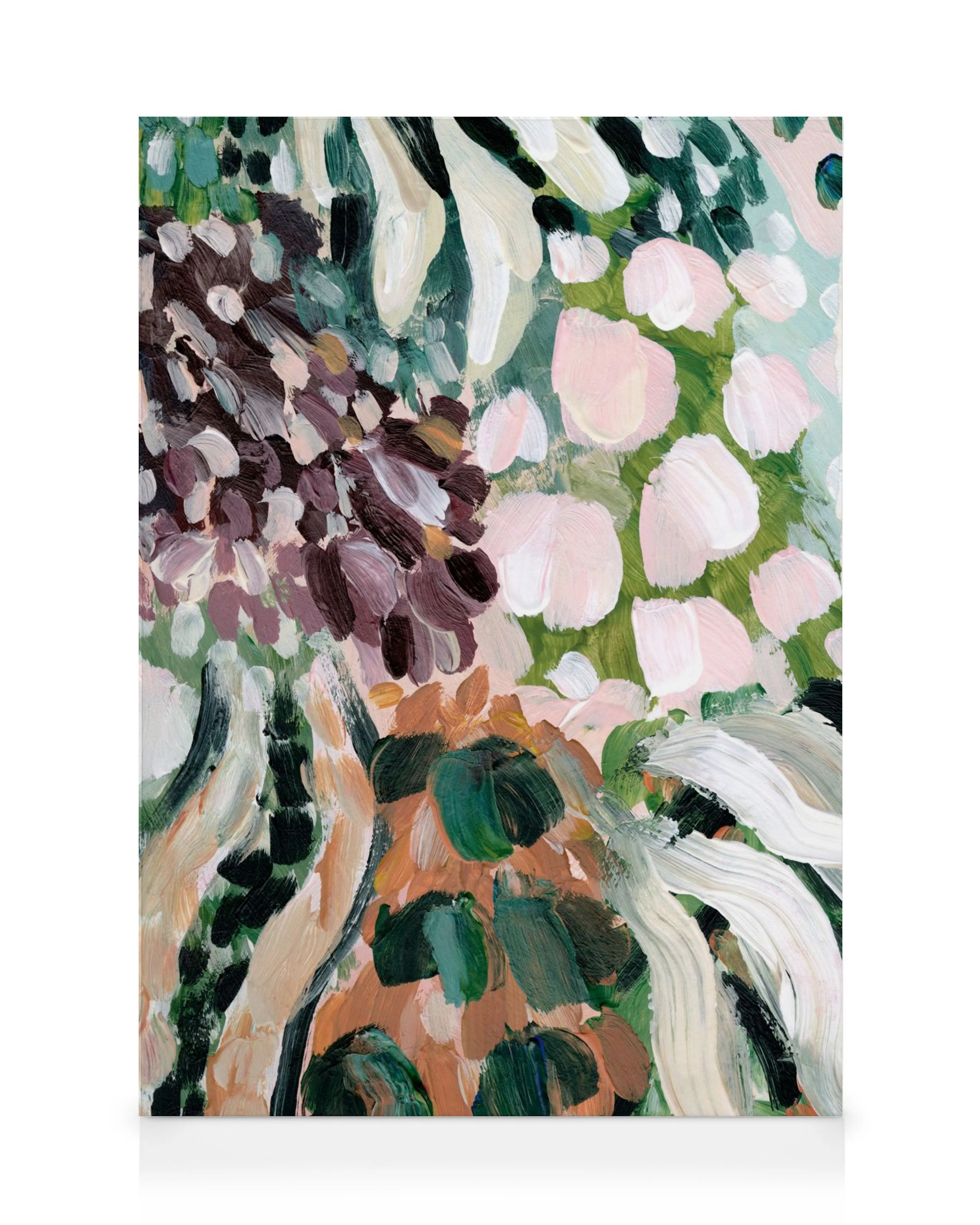 Abstraktní malba okvětních lístků v růžové, oranžové, fialové a zelenomodré s textem No2 Le Jardin Peinture acrylique sur toile