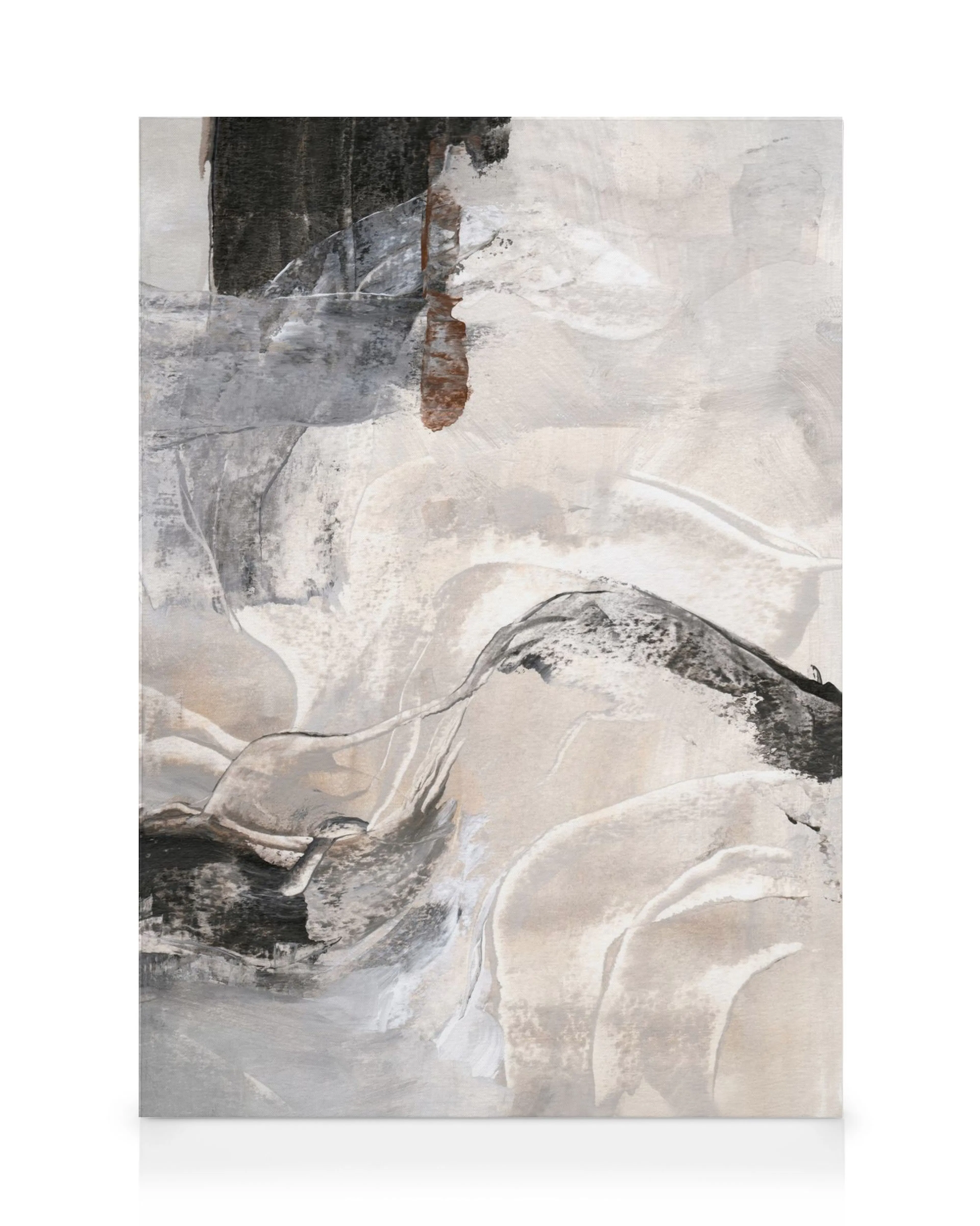 Toile abstraite verticale aux motifs de tourbillons et de courbes en noir, blanc, gris et marron, texture lisse