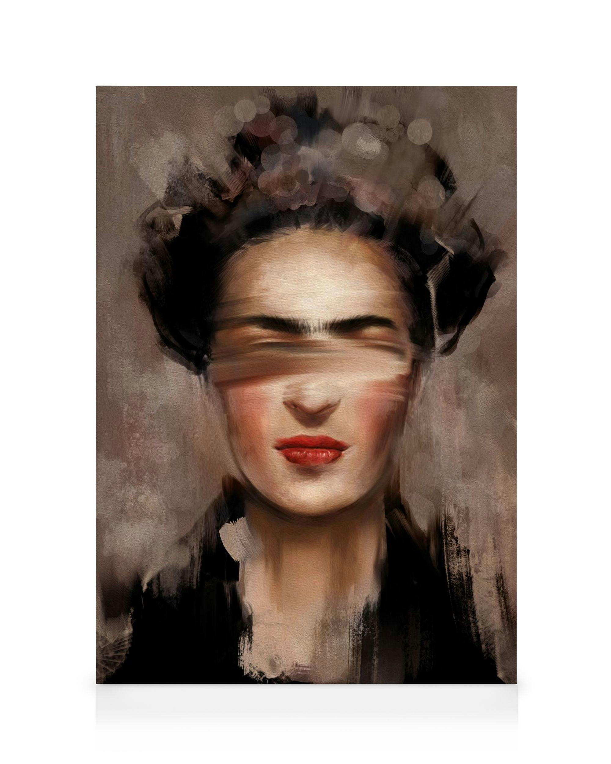 Toile abstraite dun portrait de femme aux lèvres rouges et cheveux foncés sur fond beige