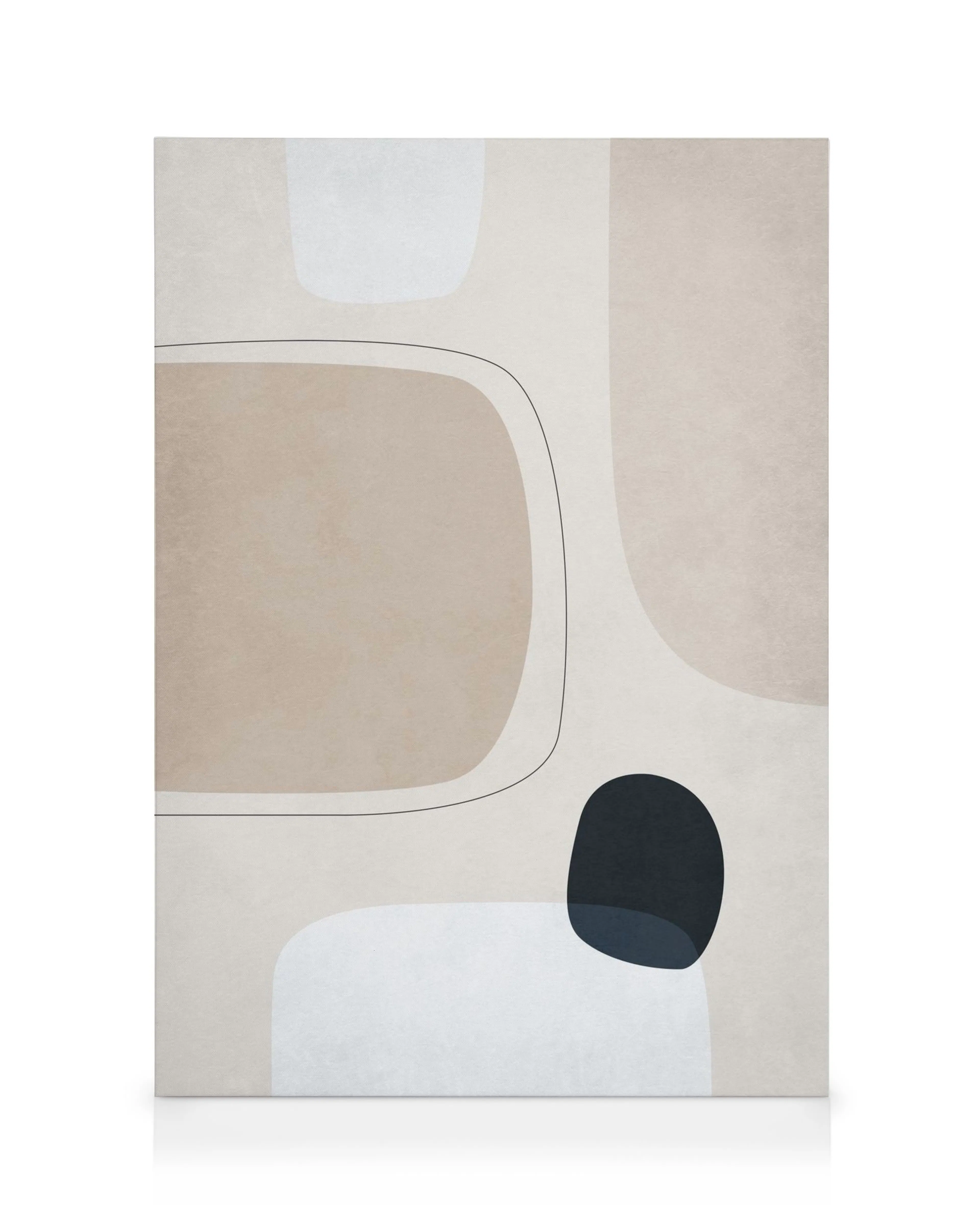 Toile abstraite aux formes et lignes courbes beige, blanc et bleu foncé sur fond clair, pour une décoration murale moderne.