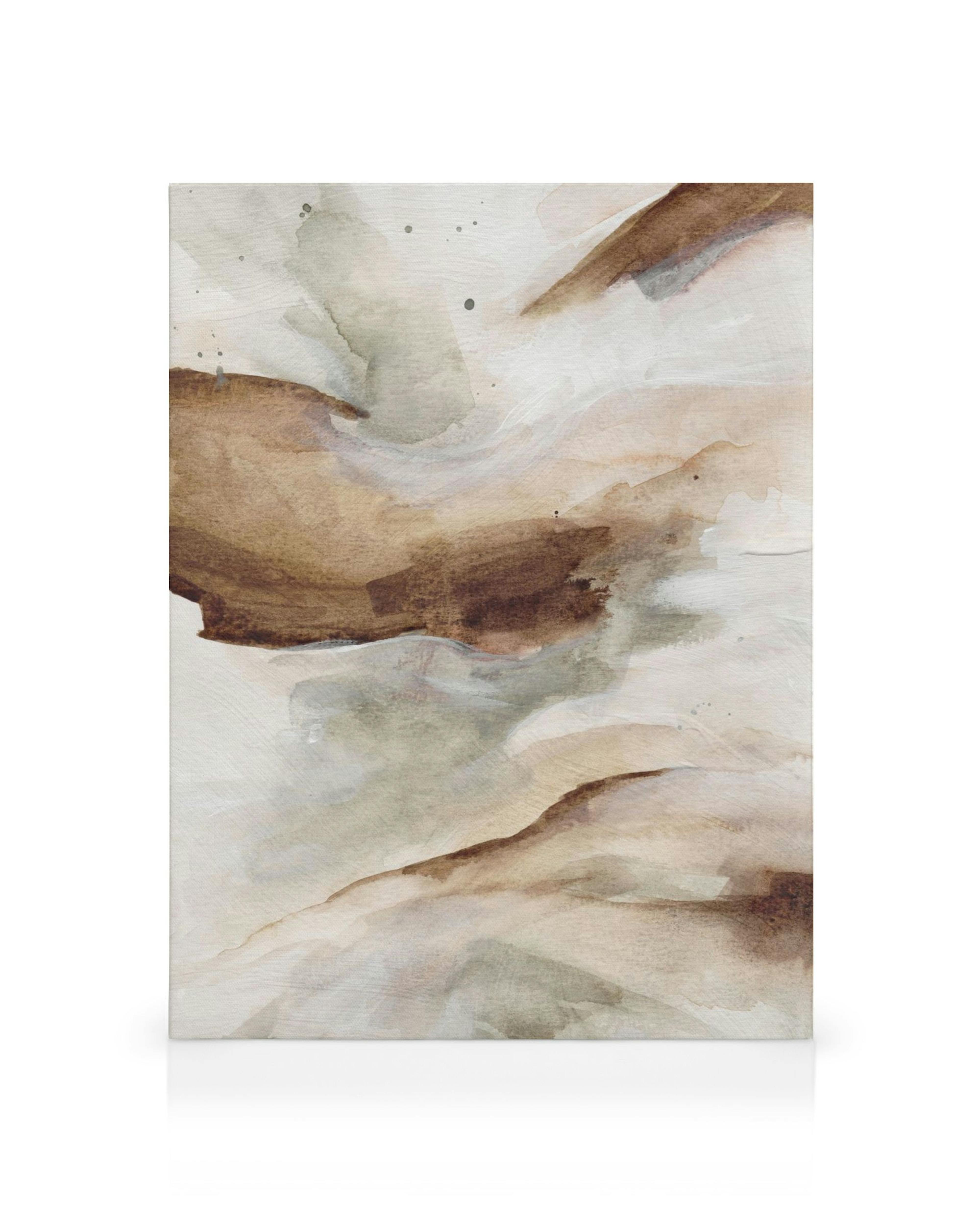 Abstraktes Leinwandbild, handgemalt in Braun, Grau und Grauweiß mit fließenden Formen und Textur. Modernes Kunstwerk.