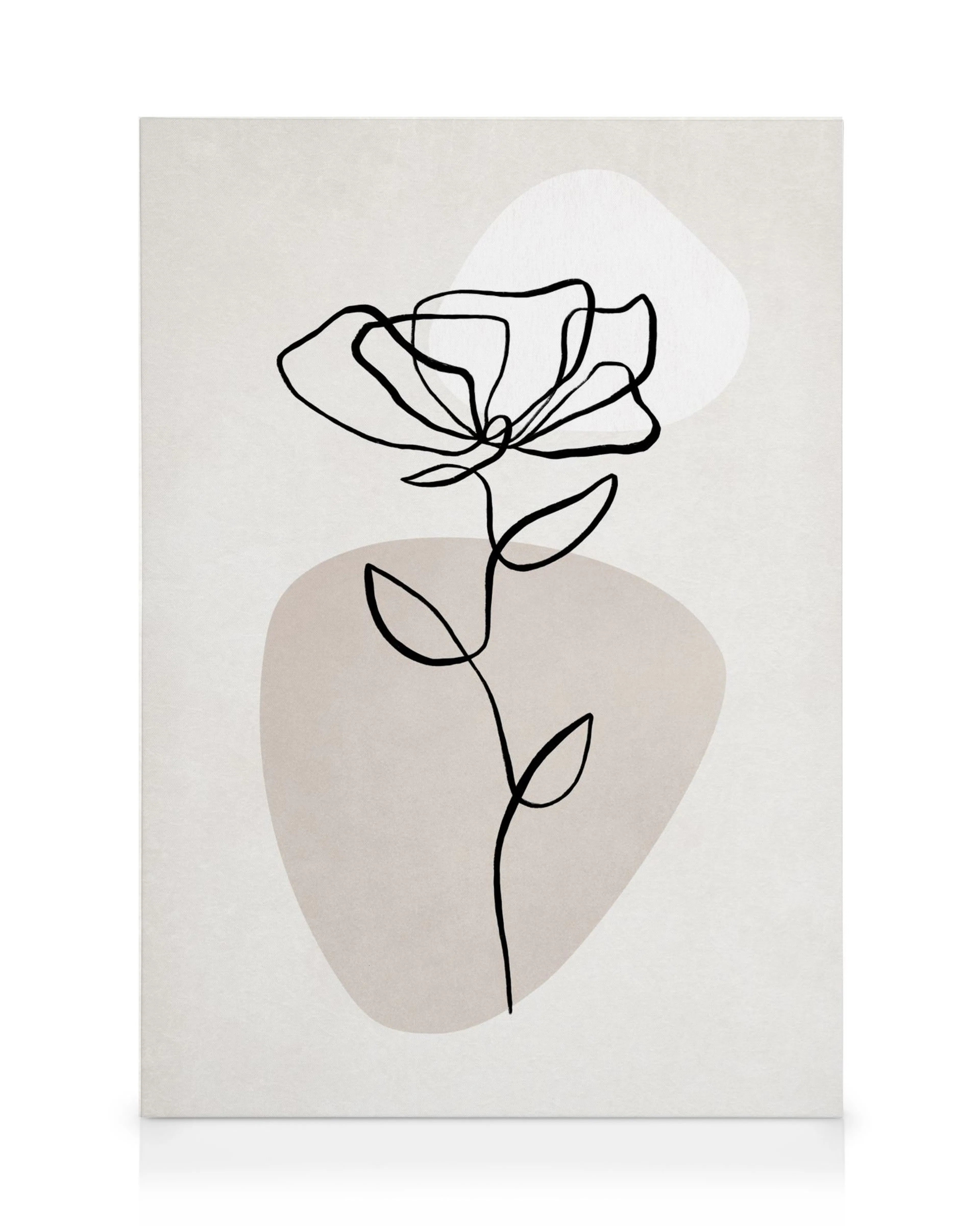Toile avec une fleur noire stylisée sur fond beige, typographie ligne unique, formes organiques
