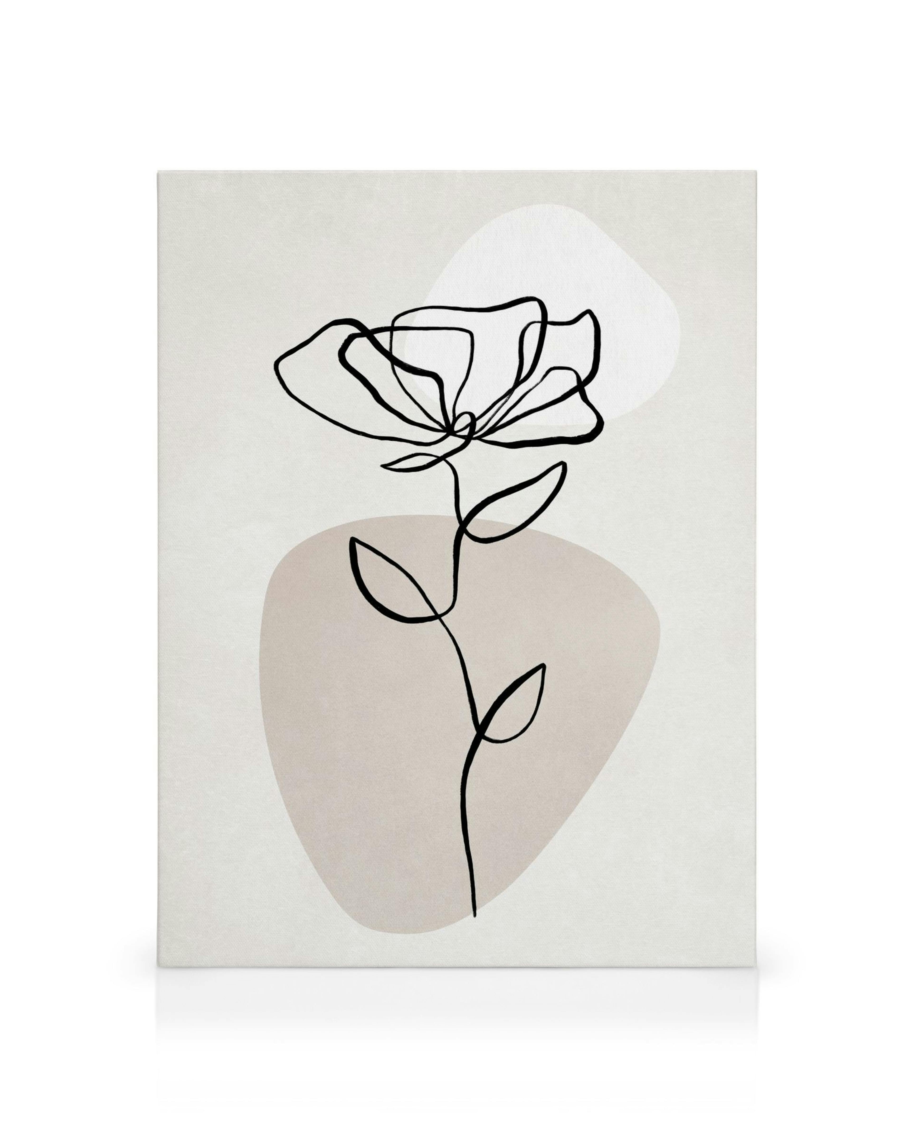 Canvas met zwarte lijntekening van bloem, beige hartvormige achtergrond in minimalistische stijl.