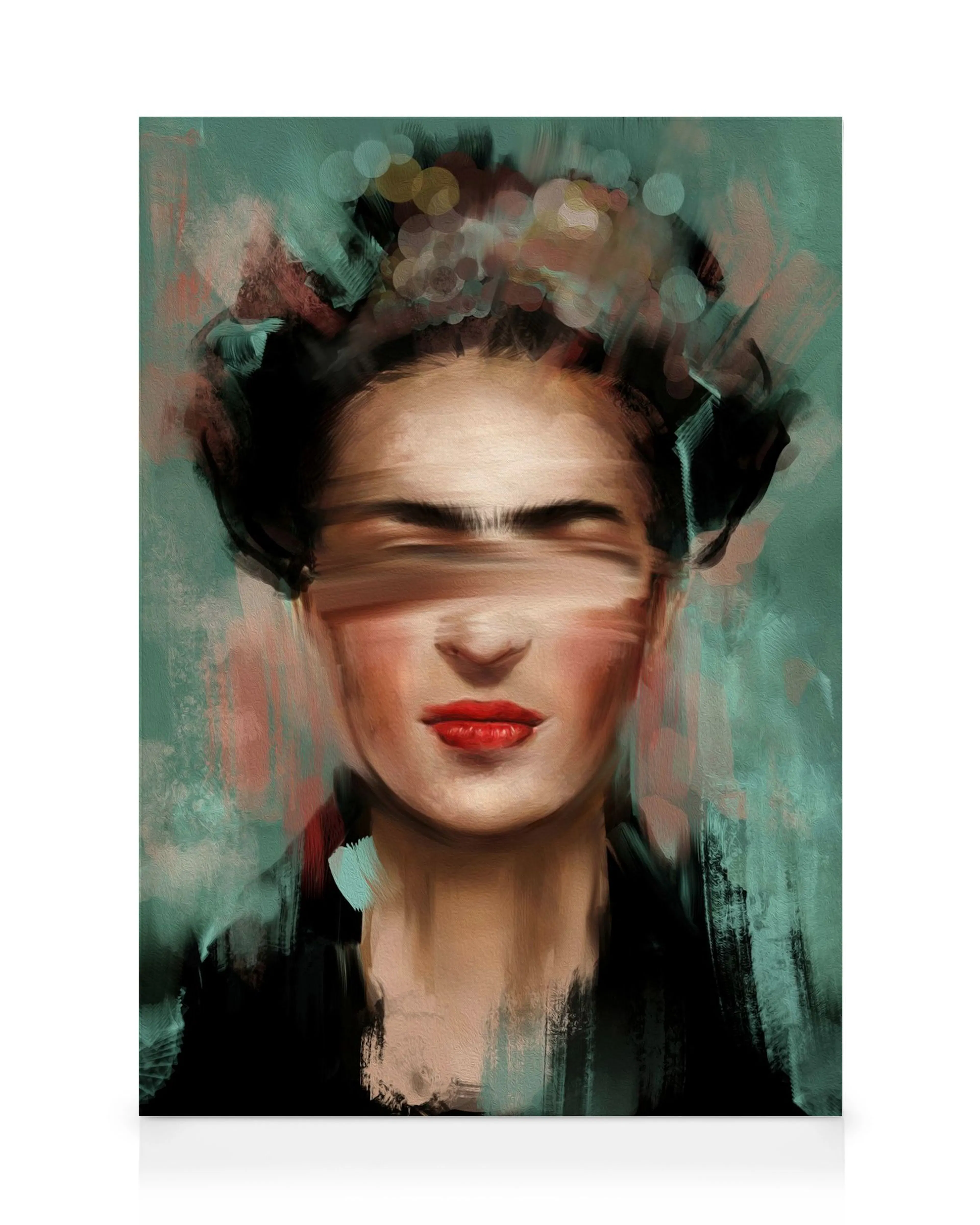 Frida Kahlo -tyyppinen muotokuva kanvaasi, jossa kasvot sumennettu ja punaiset huulet. Värikäs tausta.