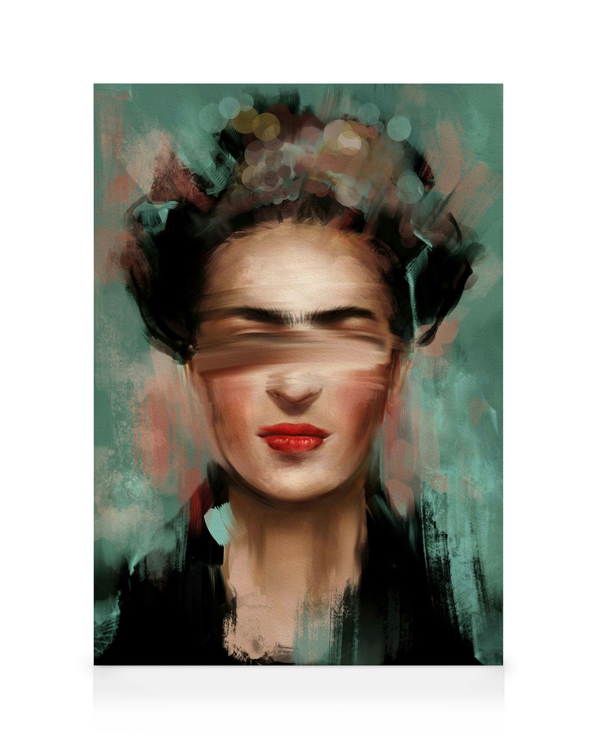 Lærred med Frida Kahlo-portræt i grønne og røde penselstrøg, øjne dækket af et slør.