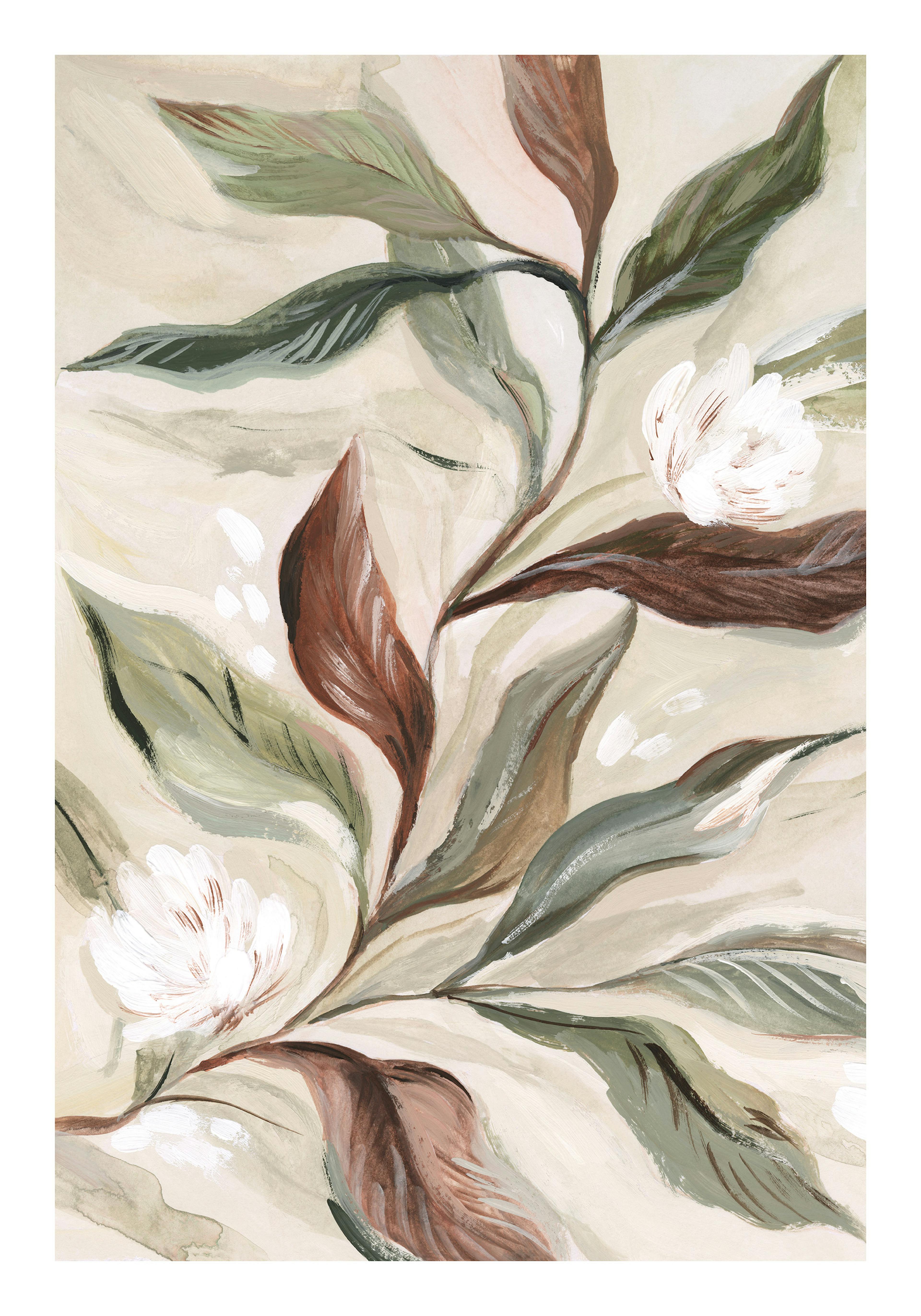 Rustic botanical art print with hand-painted green and brown leaves, white flowers, and a creamy background.
