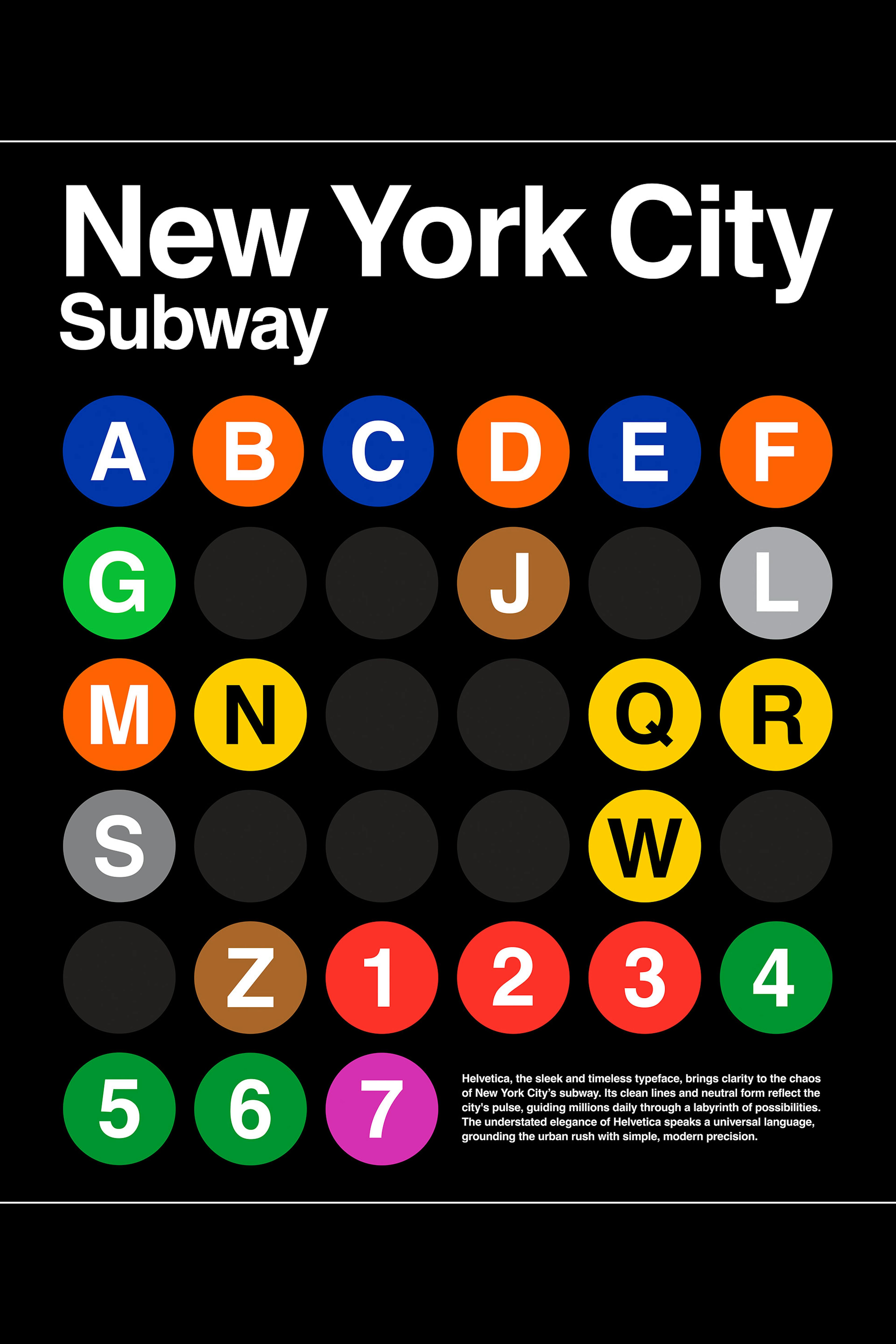 Poster van de New York City Subway met kleurrijke cirkels die letters en cijfers van metrolijnen voorstellen.