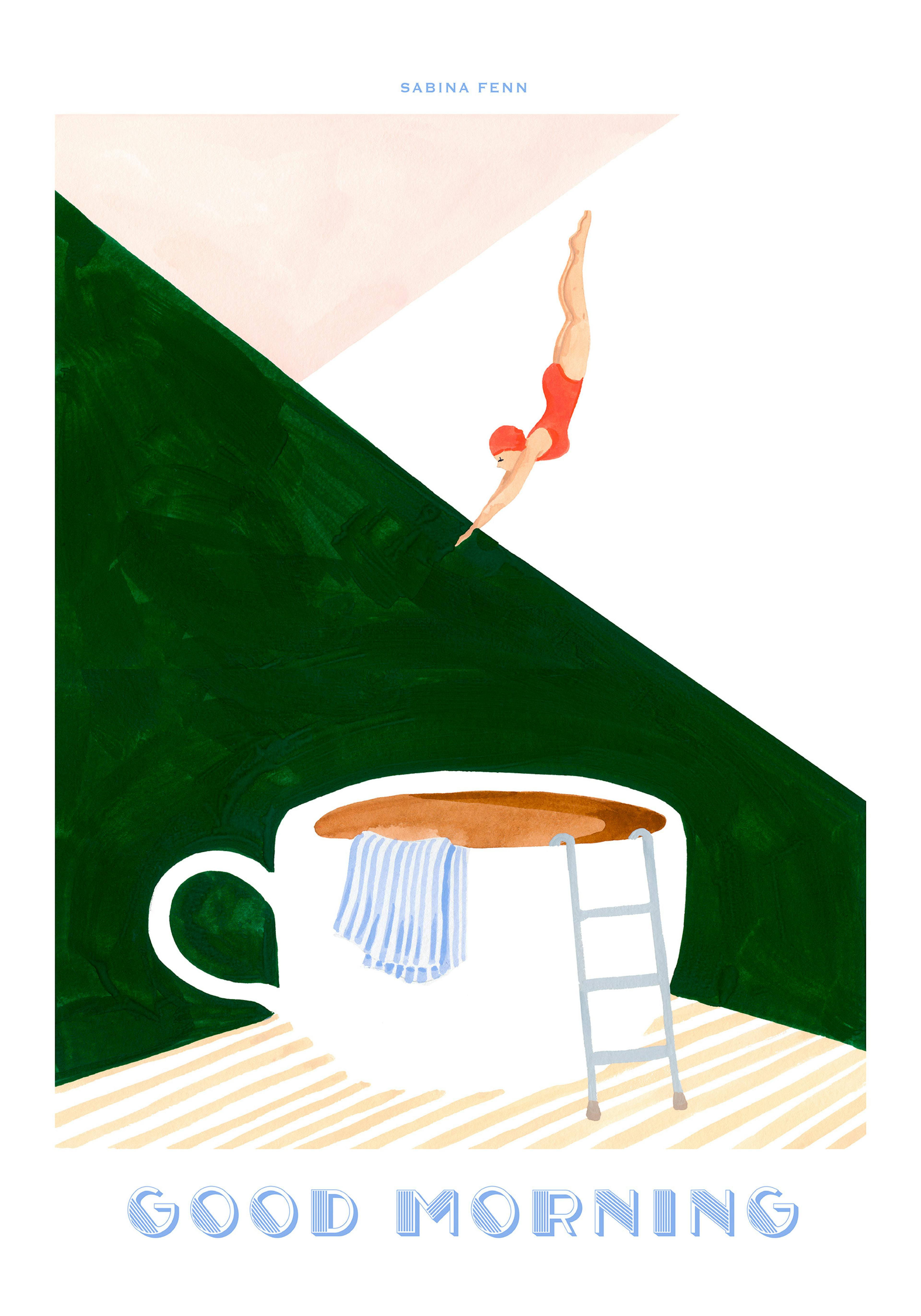 Poster: Frau taucht in eine Kaffeetasse mit Leiter und Handtuch ein, darüber Schriftzug Good Morning.