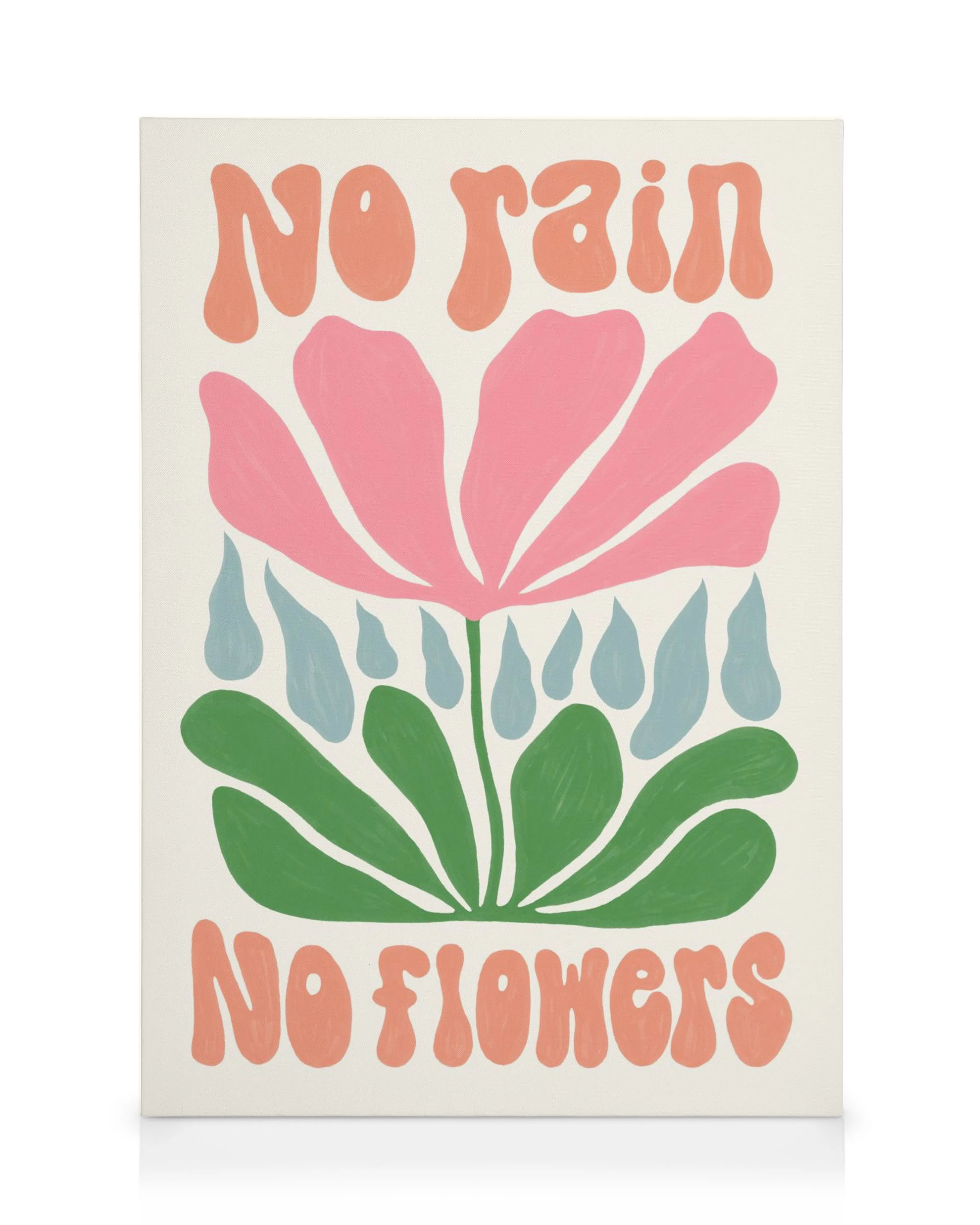 Leinwandbild mit einem rosa Blumendesign, grünen Blättern und blauen Regentropfen, mit dem Text No Rain No Flowers.