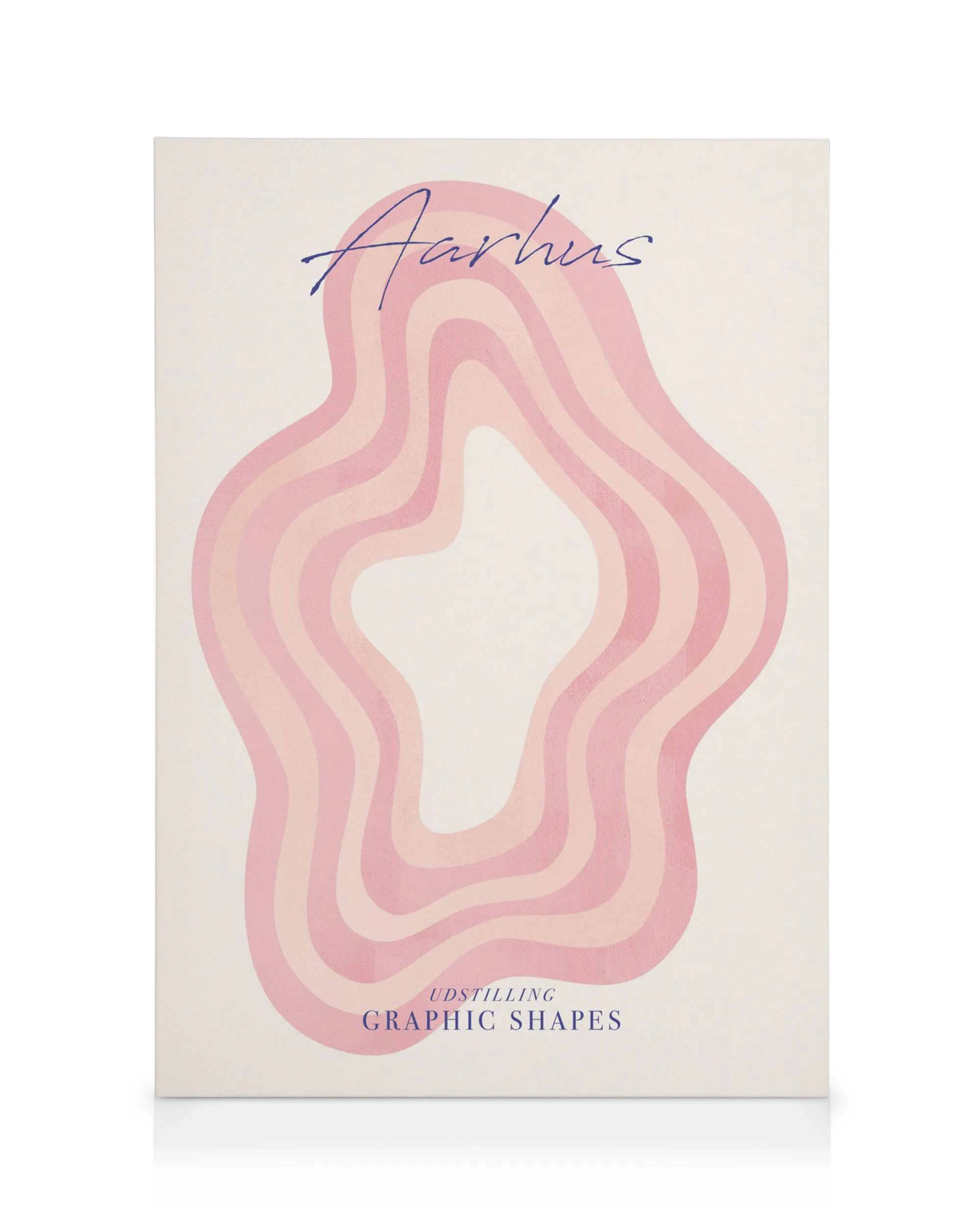 Stampa su tela con forme astratte rosa e bianche su sfondo chiaro, con scritte Aarhus e Graphic Shapes.
