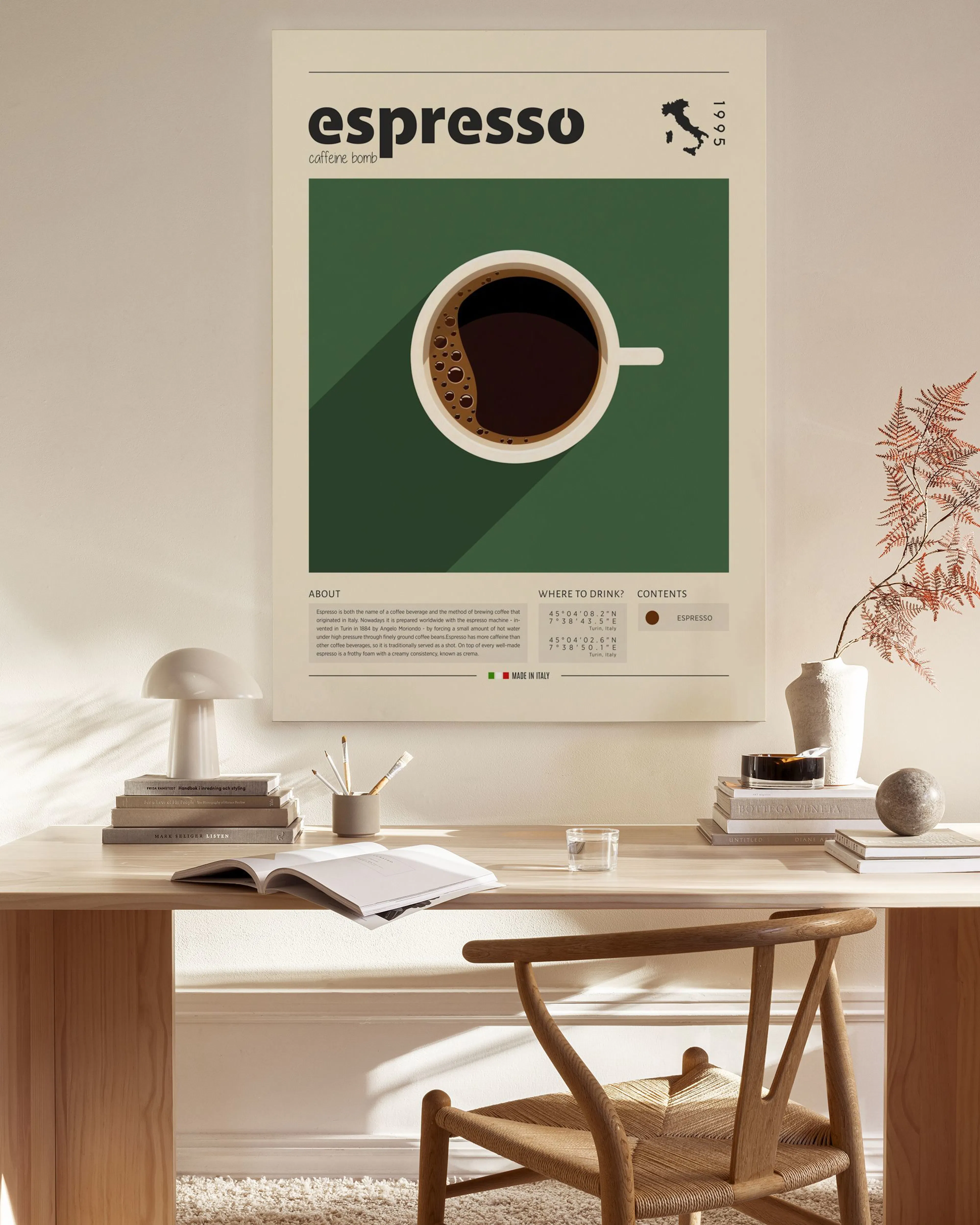 Leinwandbild mit einer minimalistischen Illustration einer Espressotasse auf dunkelgrünem Hintergrund, darüber der Text Espresso