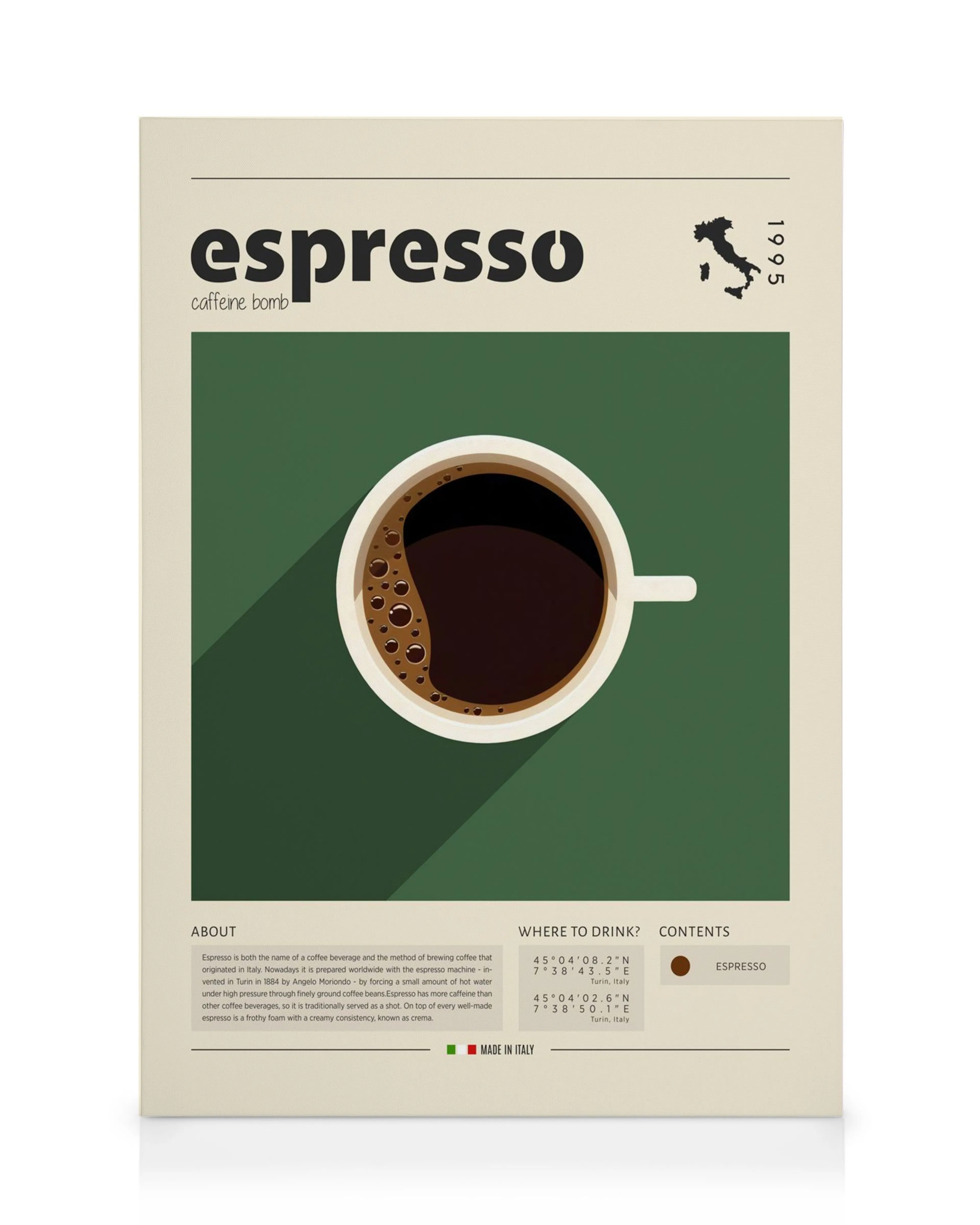 Leinwandbild mit einer minimalistischen Darstellung einer Espressotasse auf dunkelgrünem Hintergrund, darüber der Schriftzug esp