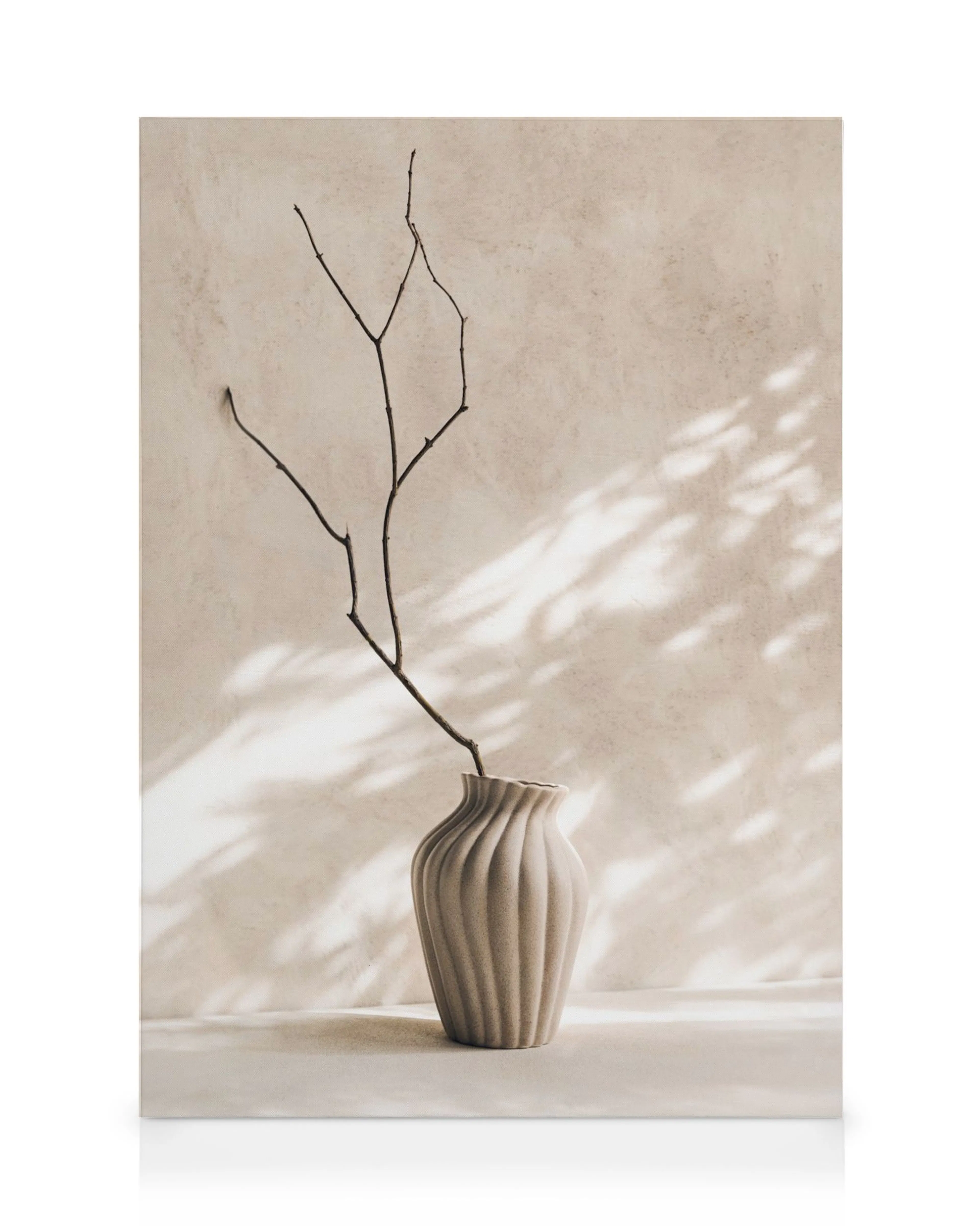 Lienzo de una rama seca en un jarrón de cerámica beige sobre una mesa, con sombras de luz natural.