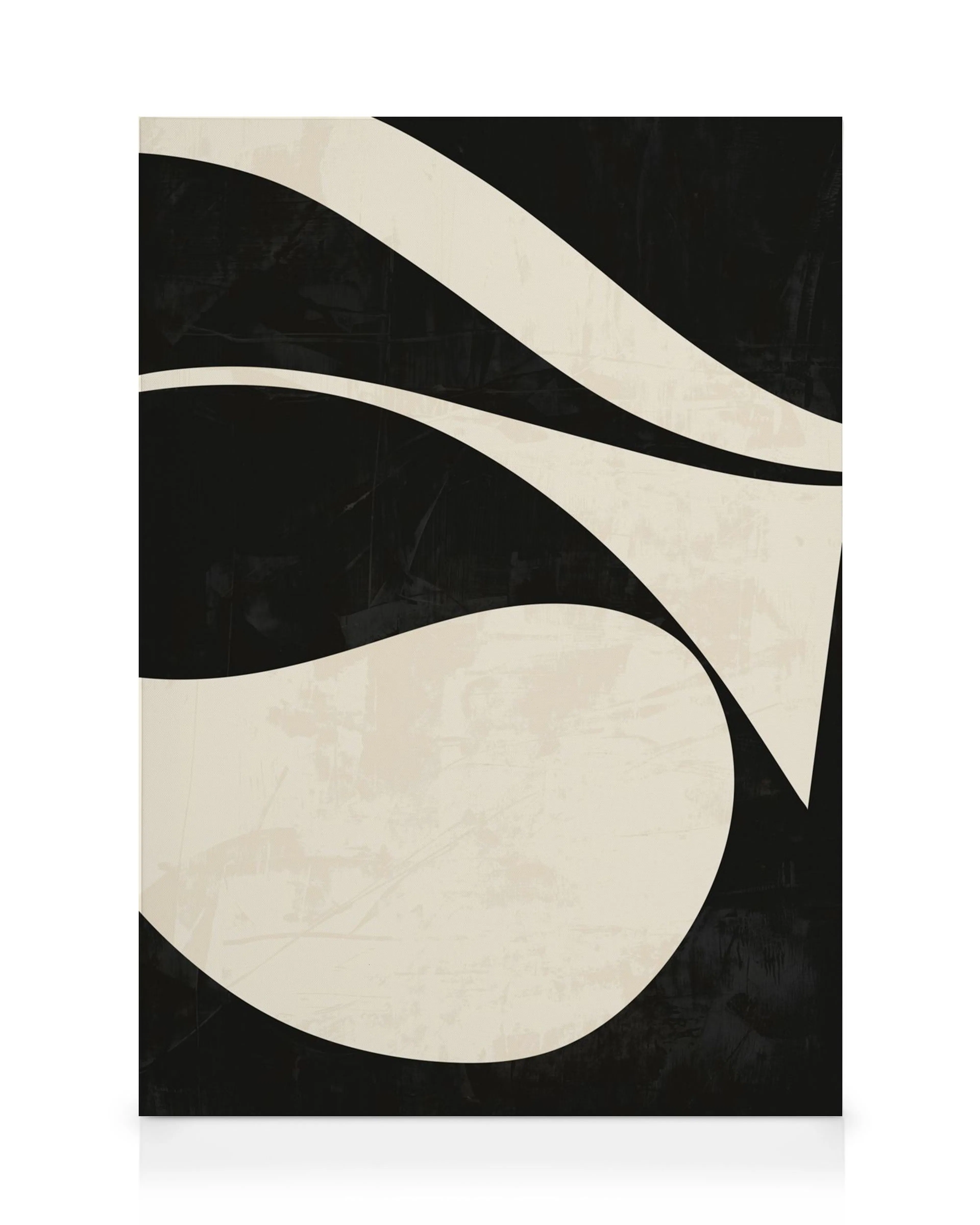 A canvas print showcasing an abstract design with bold, wavy beige shapes against a textured black background.