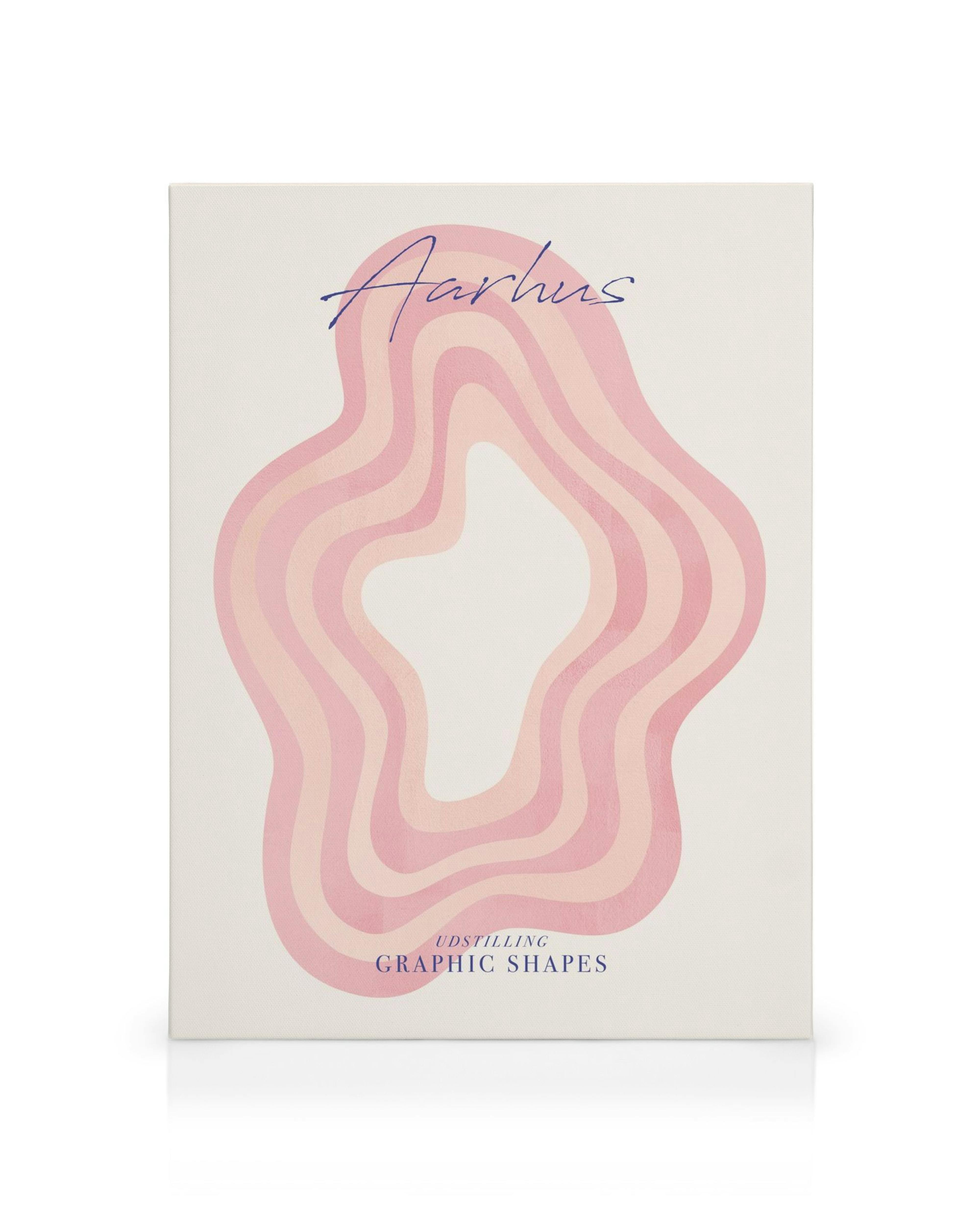 Toile Aarhus avec des formes ondulées roses et crème, et texte Udstilling Graphic Shapes.