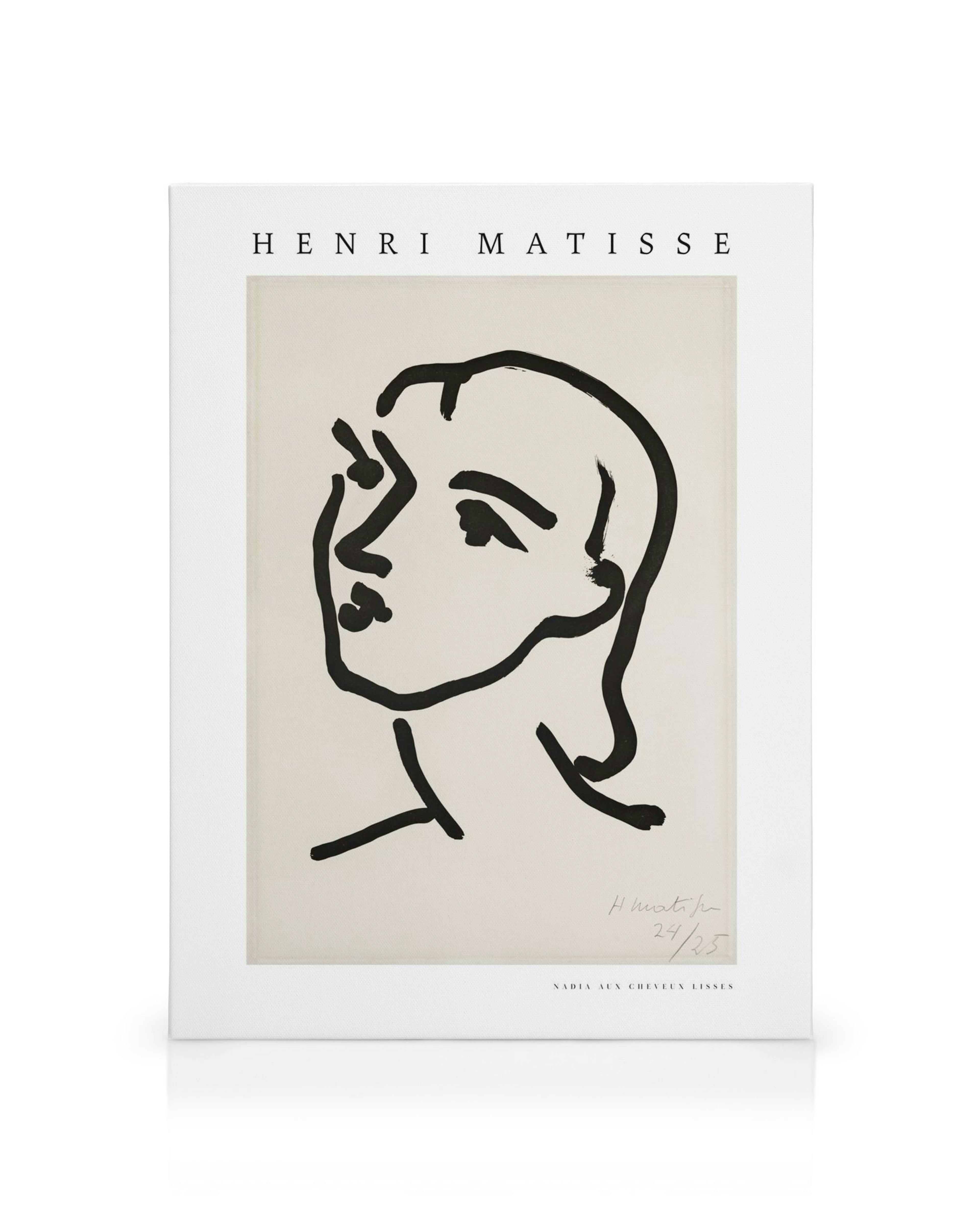 Een canvas met een minimalistische zwarte lijntekening van een vrouwenhoofd, met de naam Henri Matisse bovenaan.