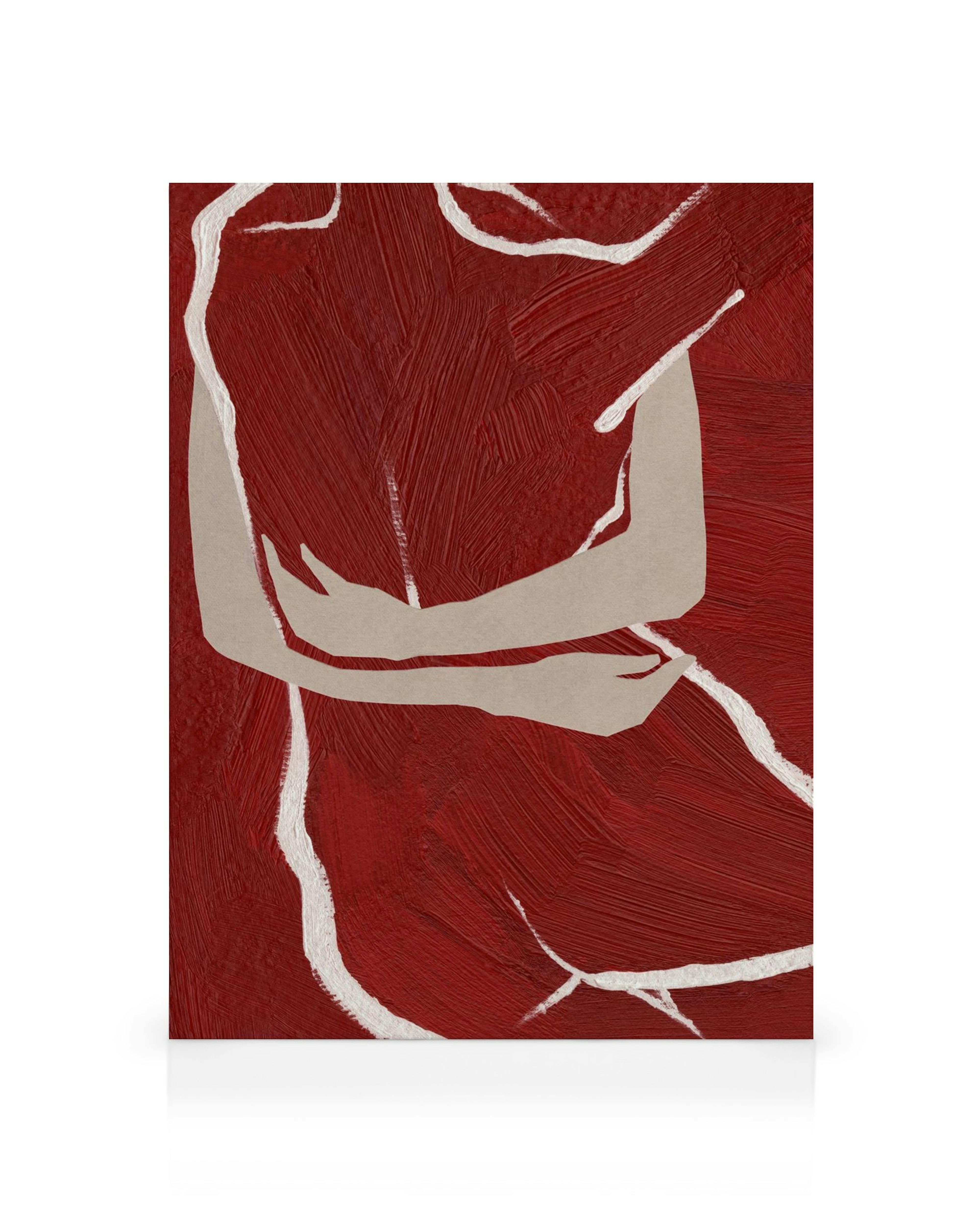 Abstract canvas print of two human figures embracing, outlined in white on a textured red background. Modern wall art for home d