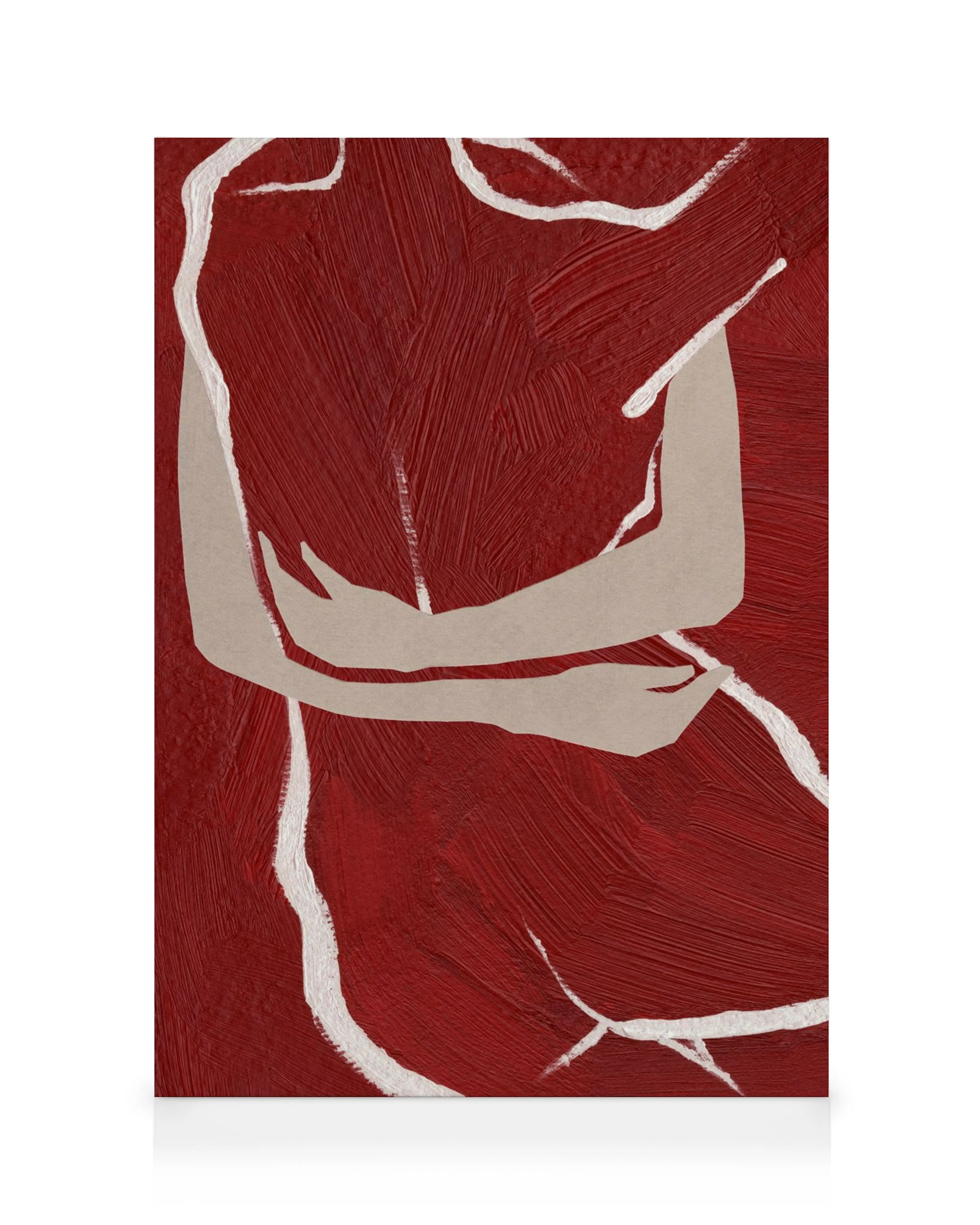 Toile abstraite rouge et beige, silhouette humaine, lignes blanches épaisses, typographie The Hug
