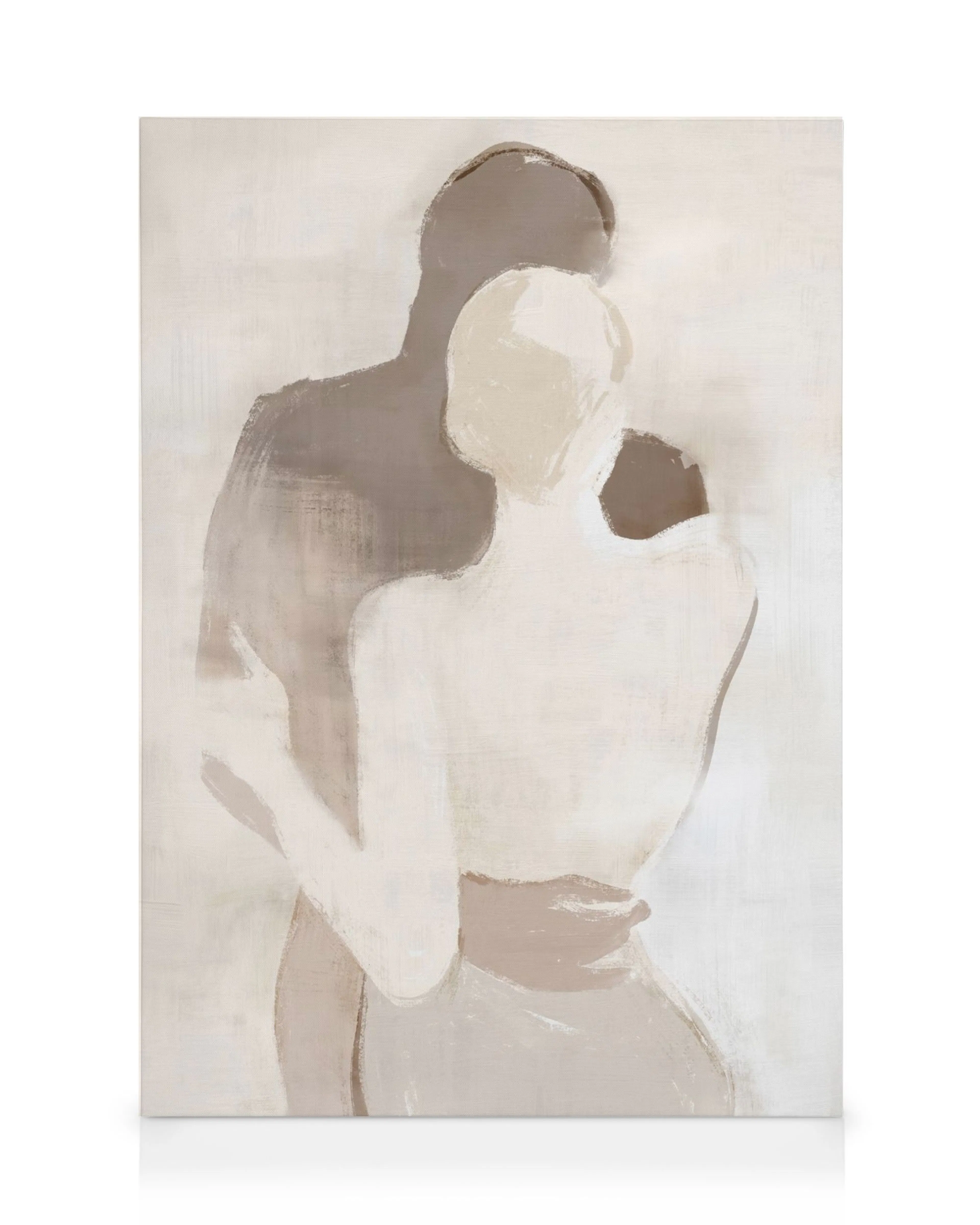 Abstracte canvas met twee gezichtsloze figuren die elkaar omhelzen in beige en bruin tinten, met eenvoudige penseelstreken.