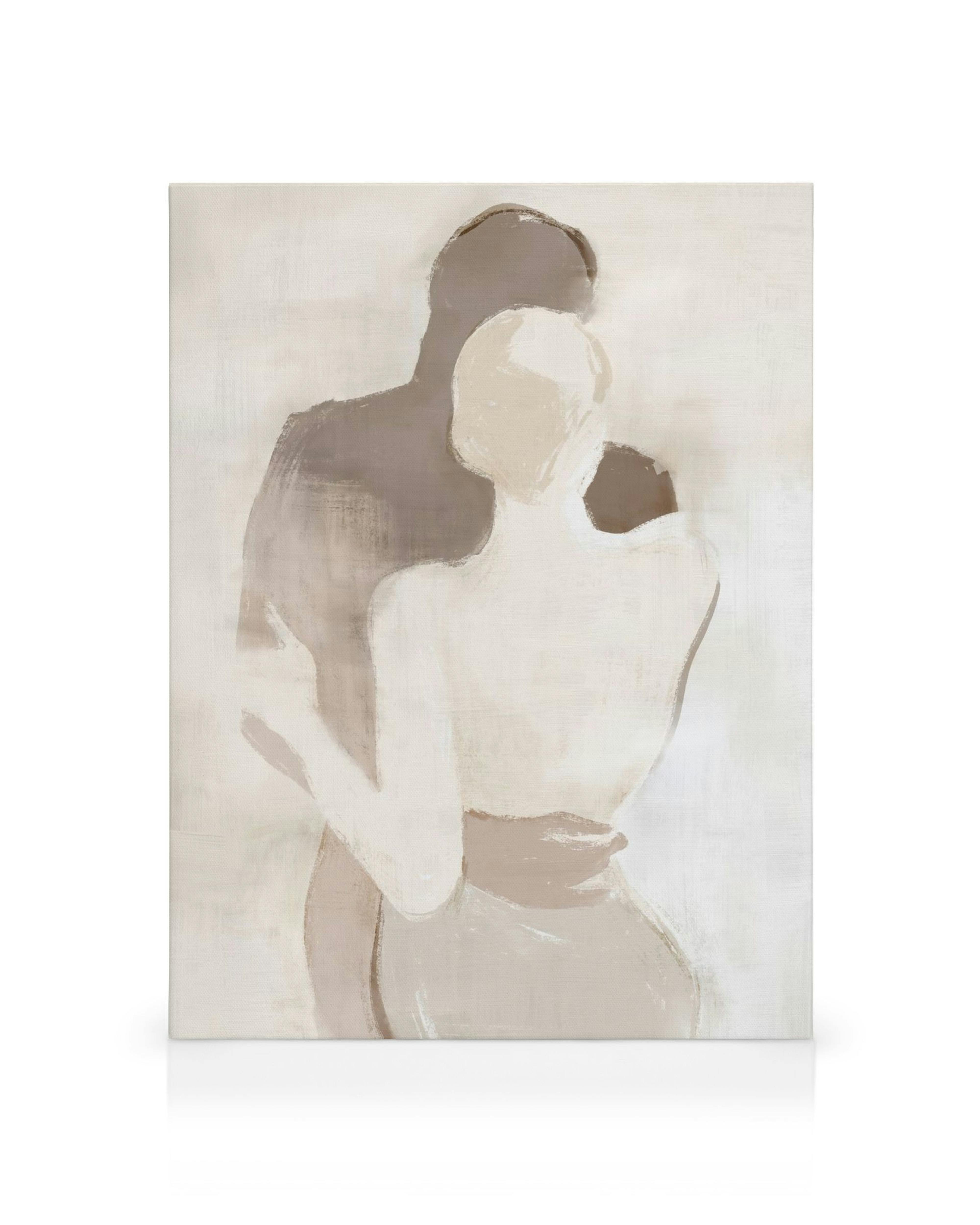 Leinwandbild Soft Couple: Umarmendes Paar in warmen Beigetönen, geschwungene Formen, emotionales Kunstwerk.