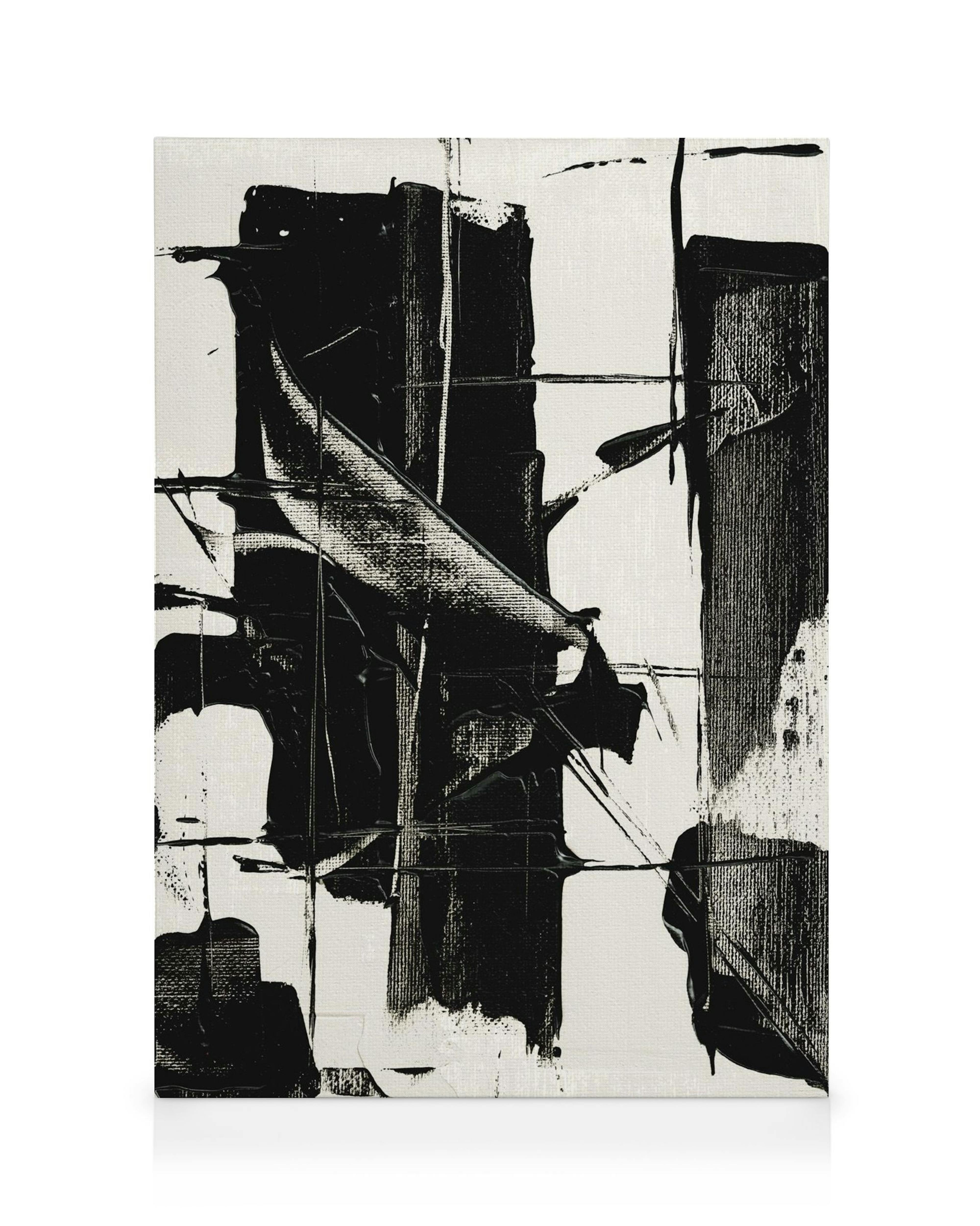 Toile abstraite dramatique avec des coups de pinceau noirs audacieux sur fond blanc, style typographie