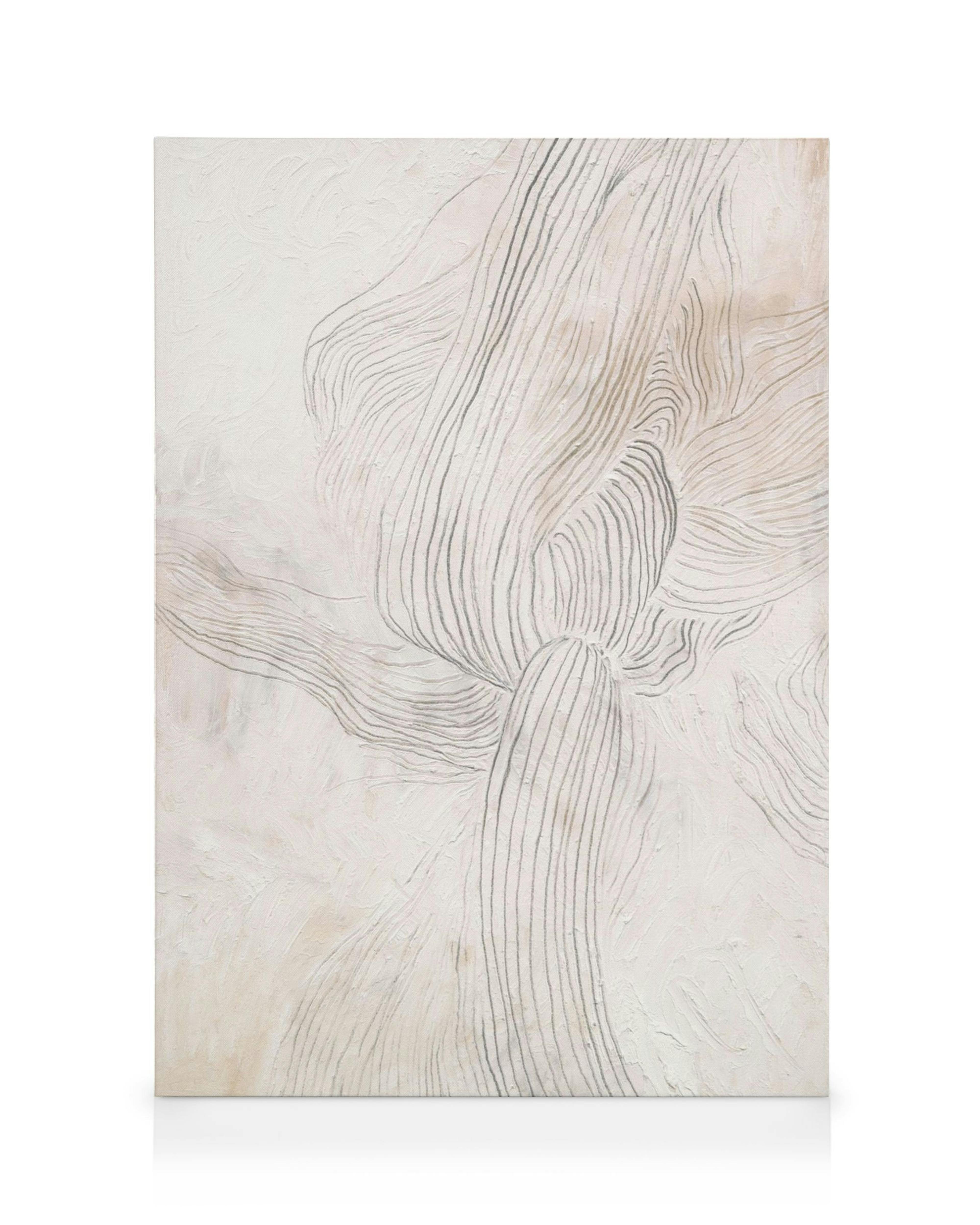 Obraz na płótnie z jasnobeżowymi falistymi liniami, teksturą drewna i centralnym sękiem.