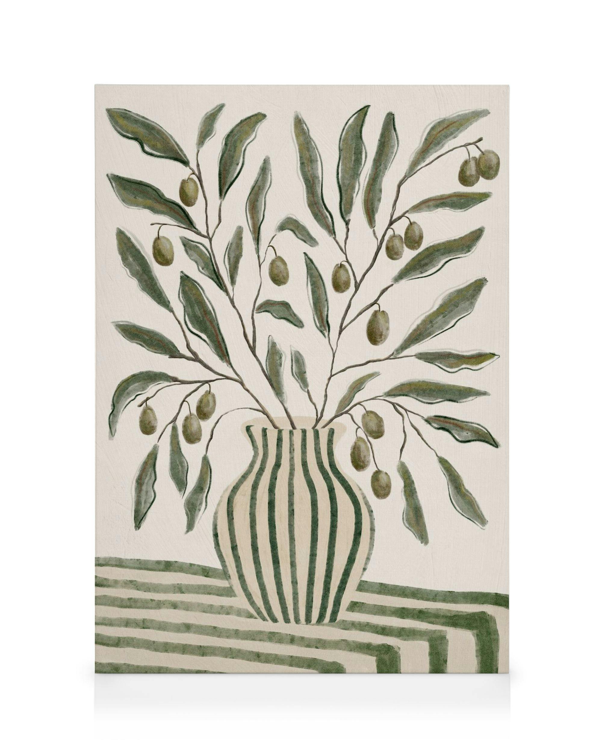 Olive branches with round olives in a striped vase, painted in green shades on a beige background canvas print.