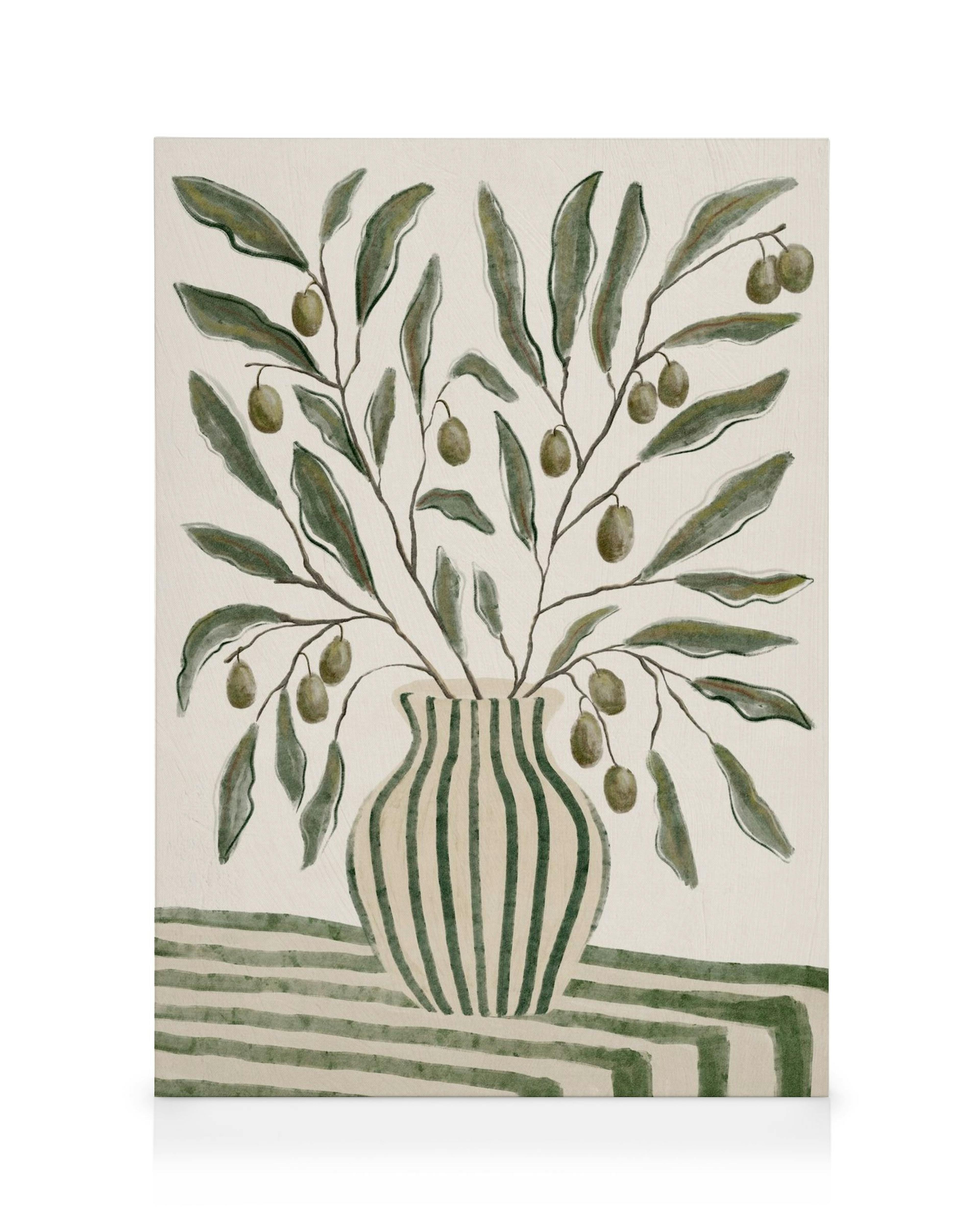 Olive branches with round olives in a striped vase, painted in green shades on a beige background canvas print.