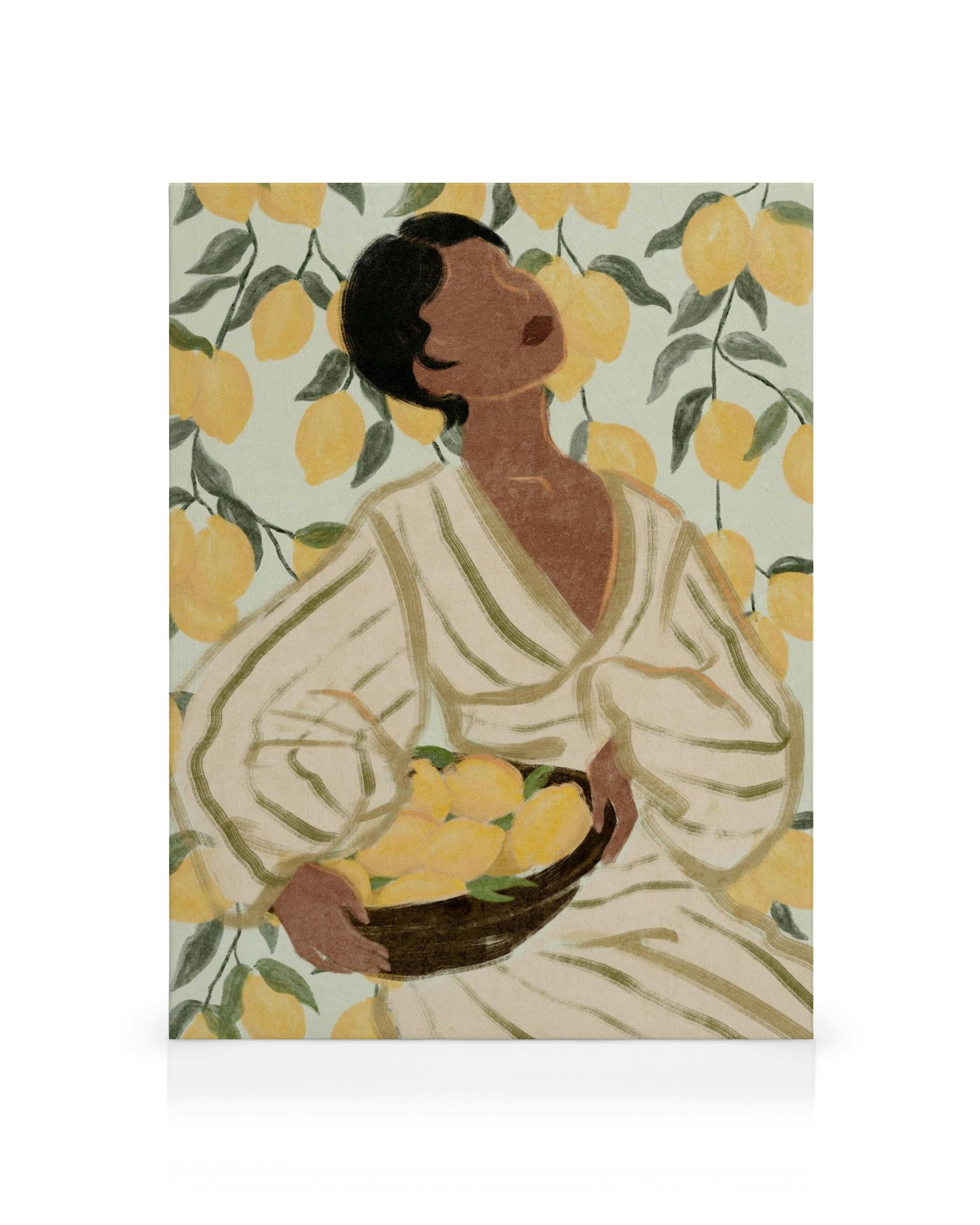 Ilustración de mujer con cesta de limones, fondo de ramas de limón, arte cítrico.