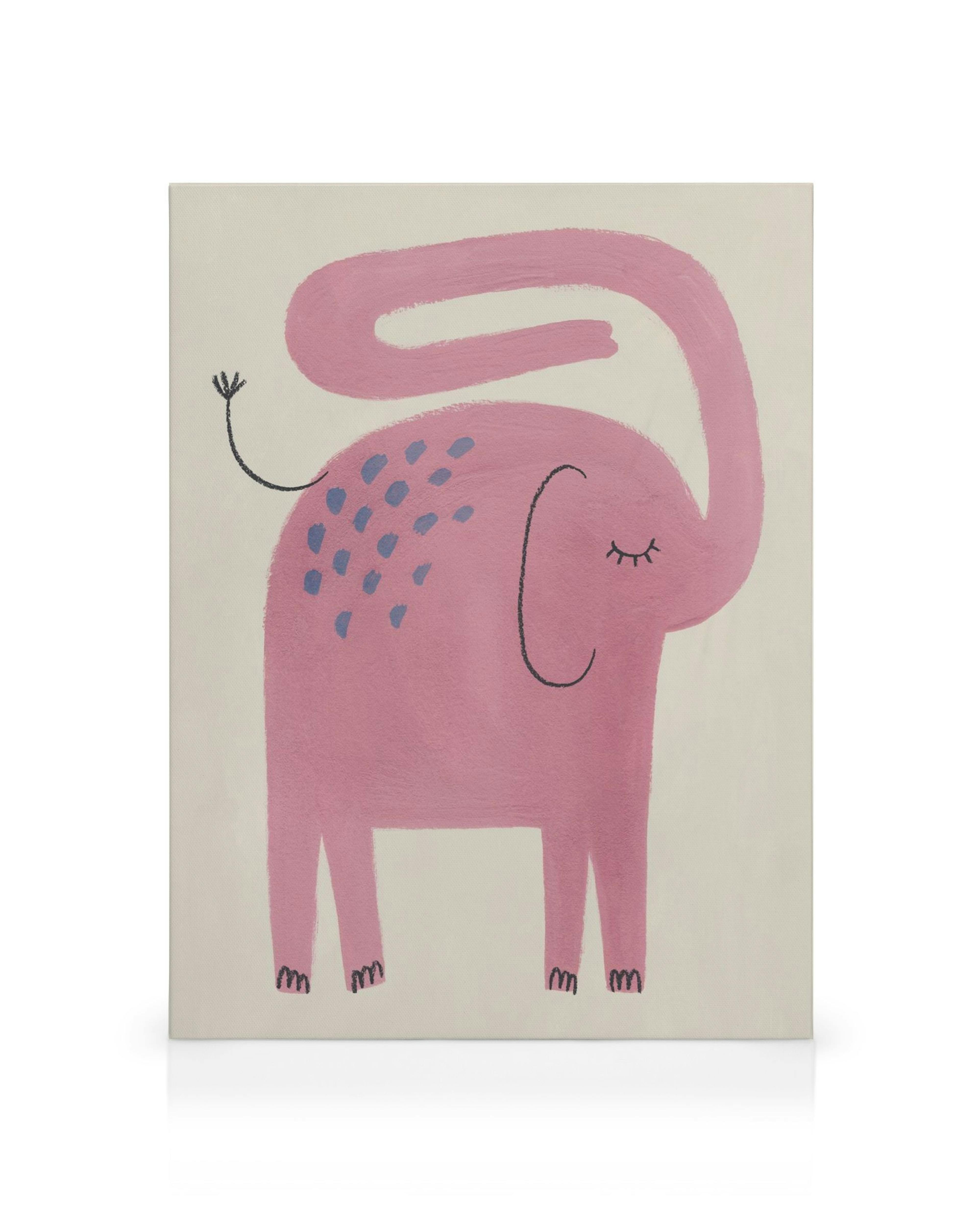 Canvas met roze slapende olifant, blauwe stippen, voor kinderkamer of babykamer