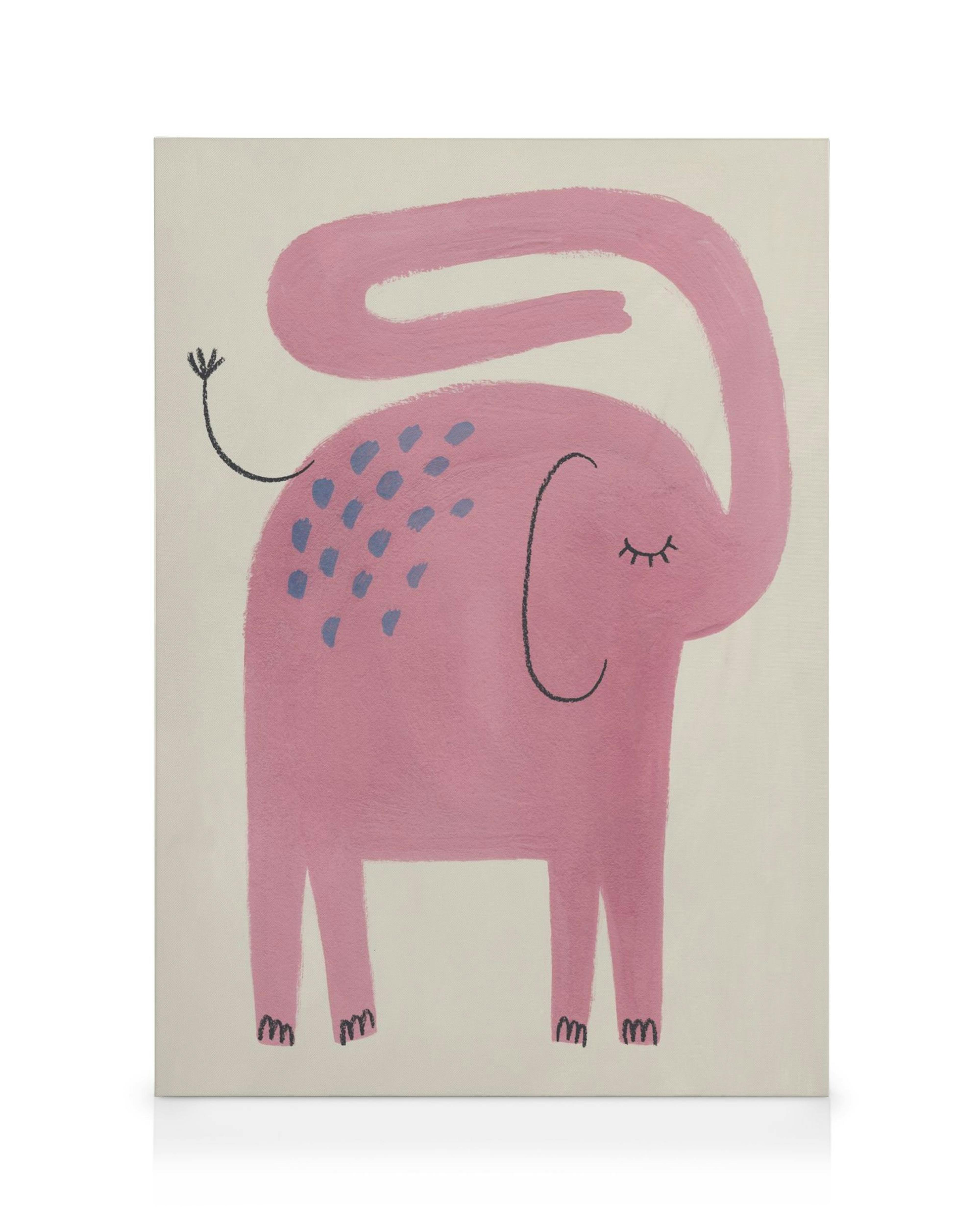 Pink baby elephant canvas art with blue spots, closed eyes, and a raised trunk, in a playful, childlike style.