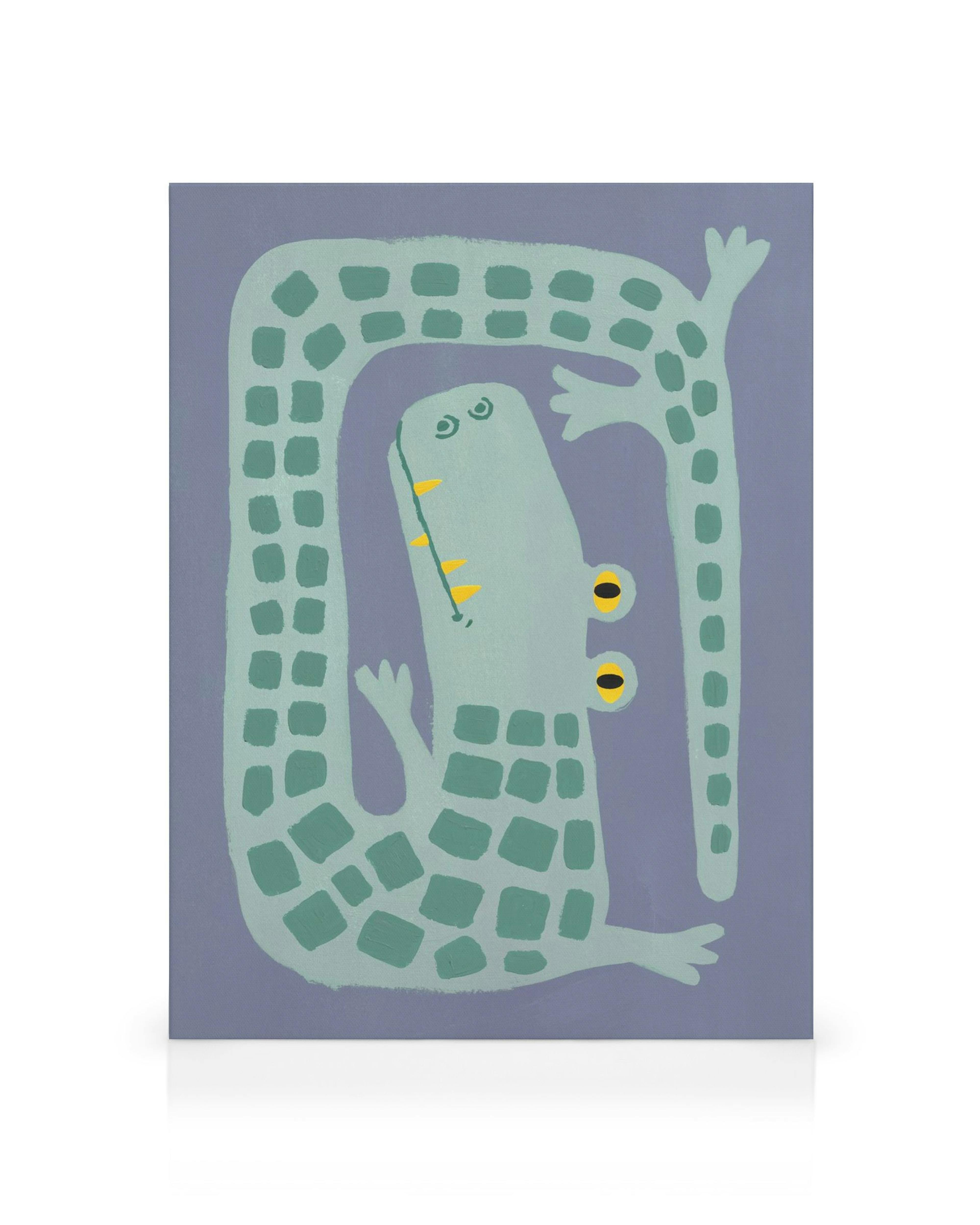 Obraz na plátne Crooked Crocodile, modrý plátno s kresleným, svetlozeleným krokodílom so žltými očami a zubami