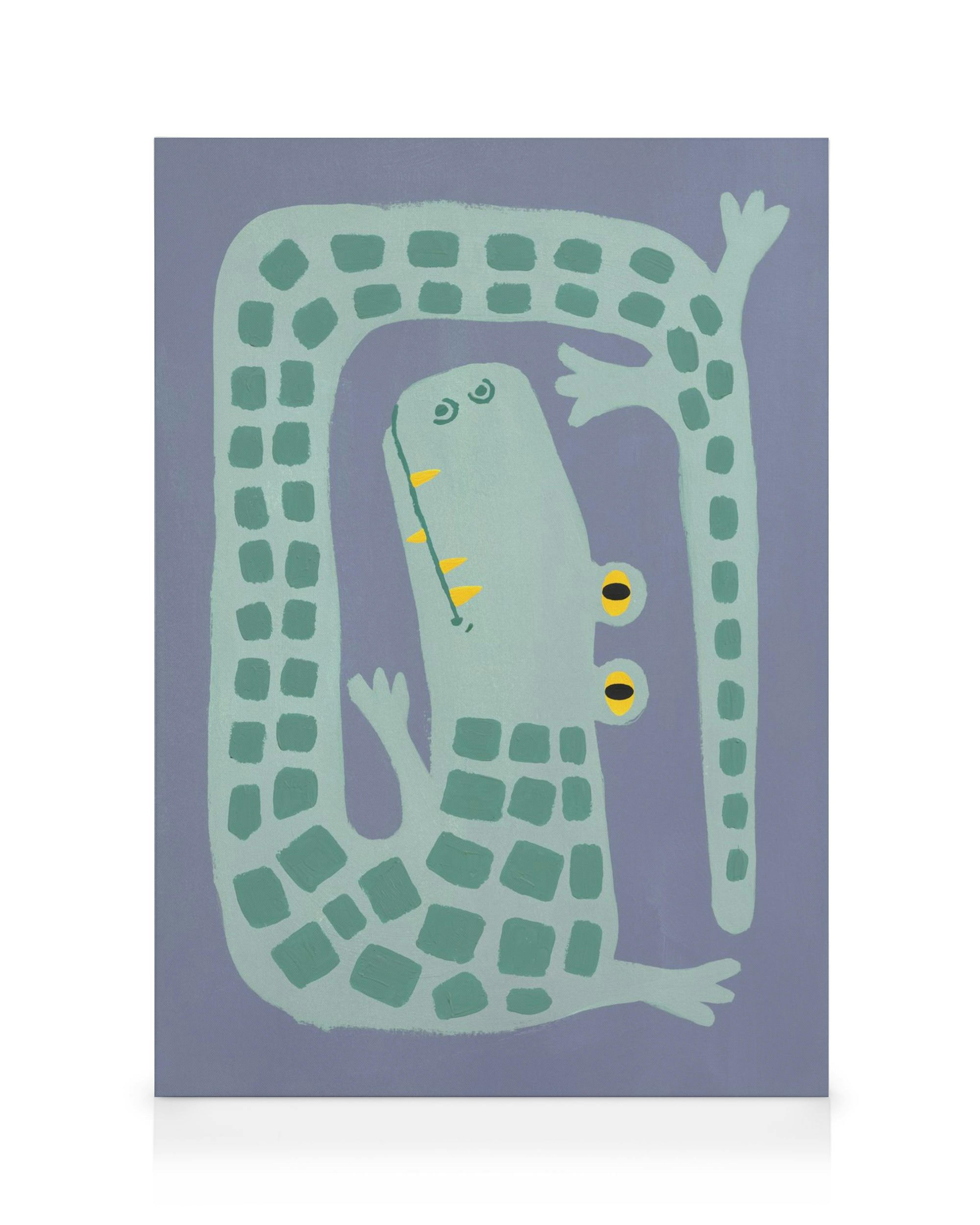 Lienzo de cocodrilo azul verdoso con patrones cuadrados, ojos amarillos y boca pequeña sobre un fondo morado. Arte de pared infa