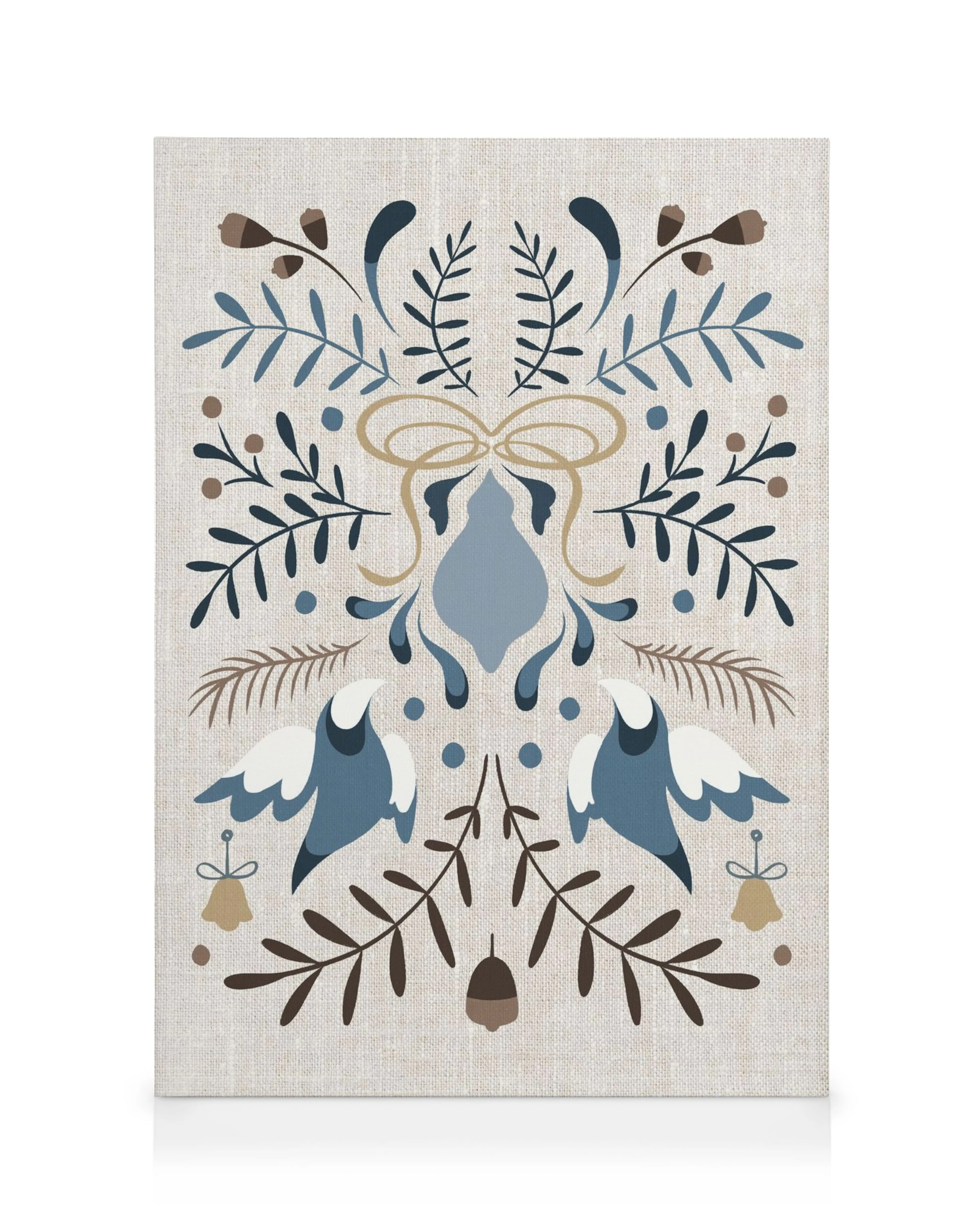 Folk art canvas met blauwe en beige bladeren, takken en vormen op een getextureerde achtergrond.