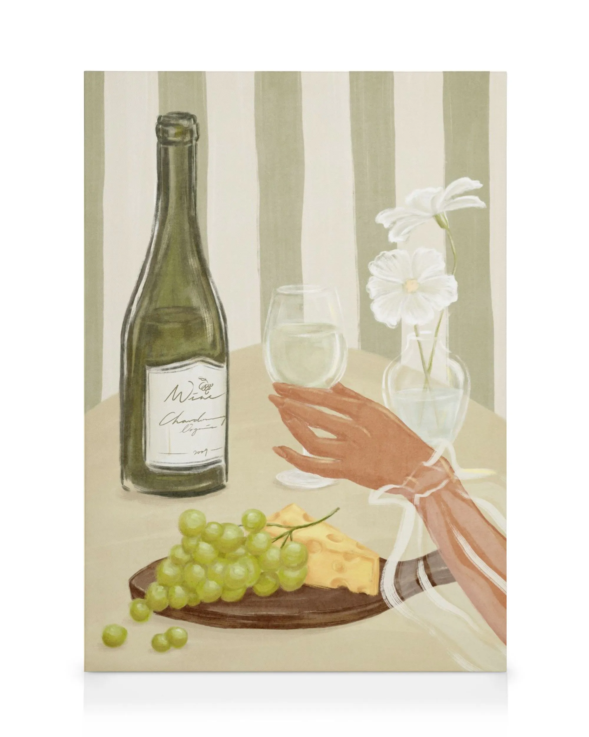 Canvas print of still life with wine bottle, grapes, cheese, and a hand holding a wine glass.