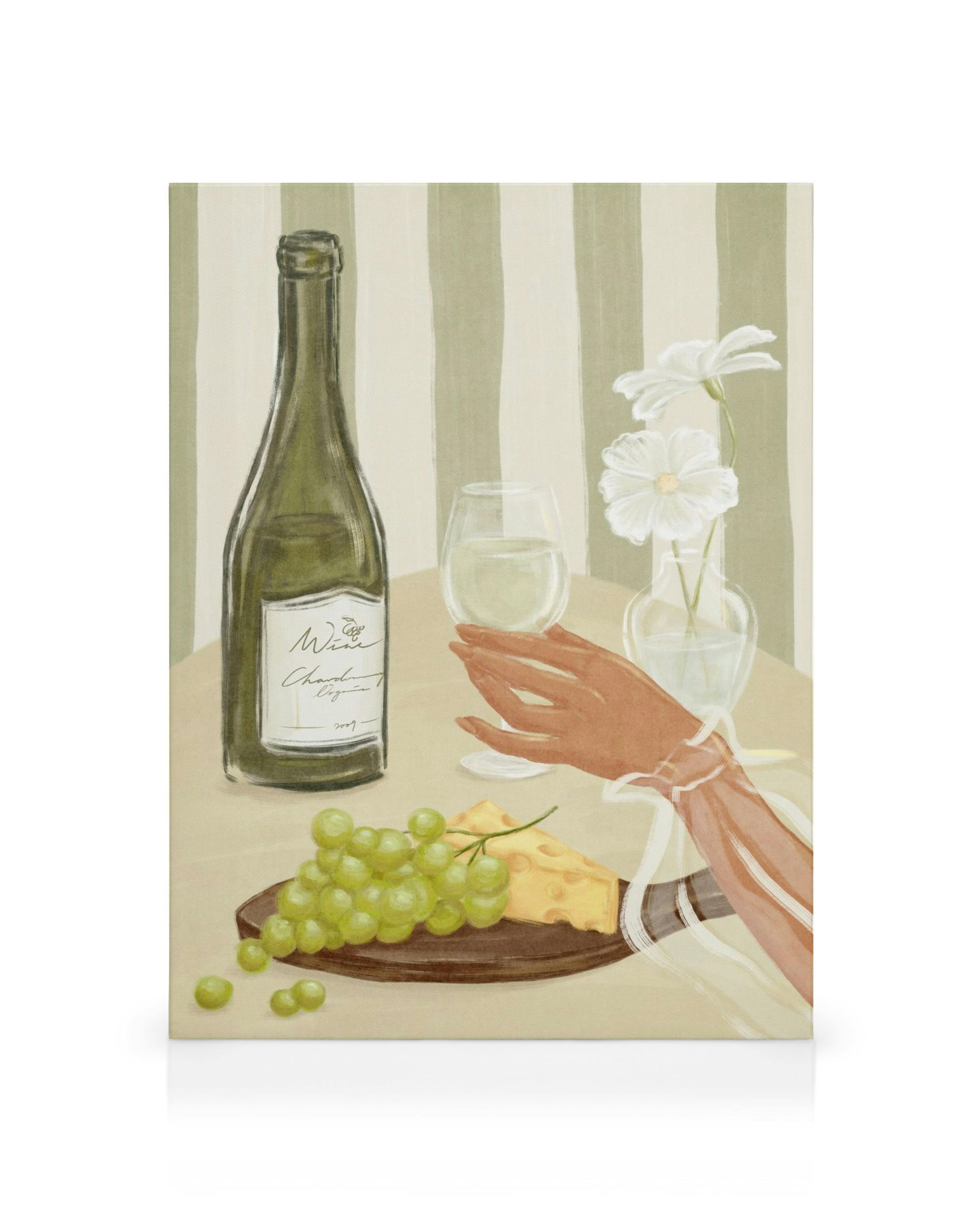 Lærred med illustreret vinflaske, glas vin, ost, grønne druer og en hånd, der holder glasset.