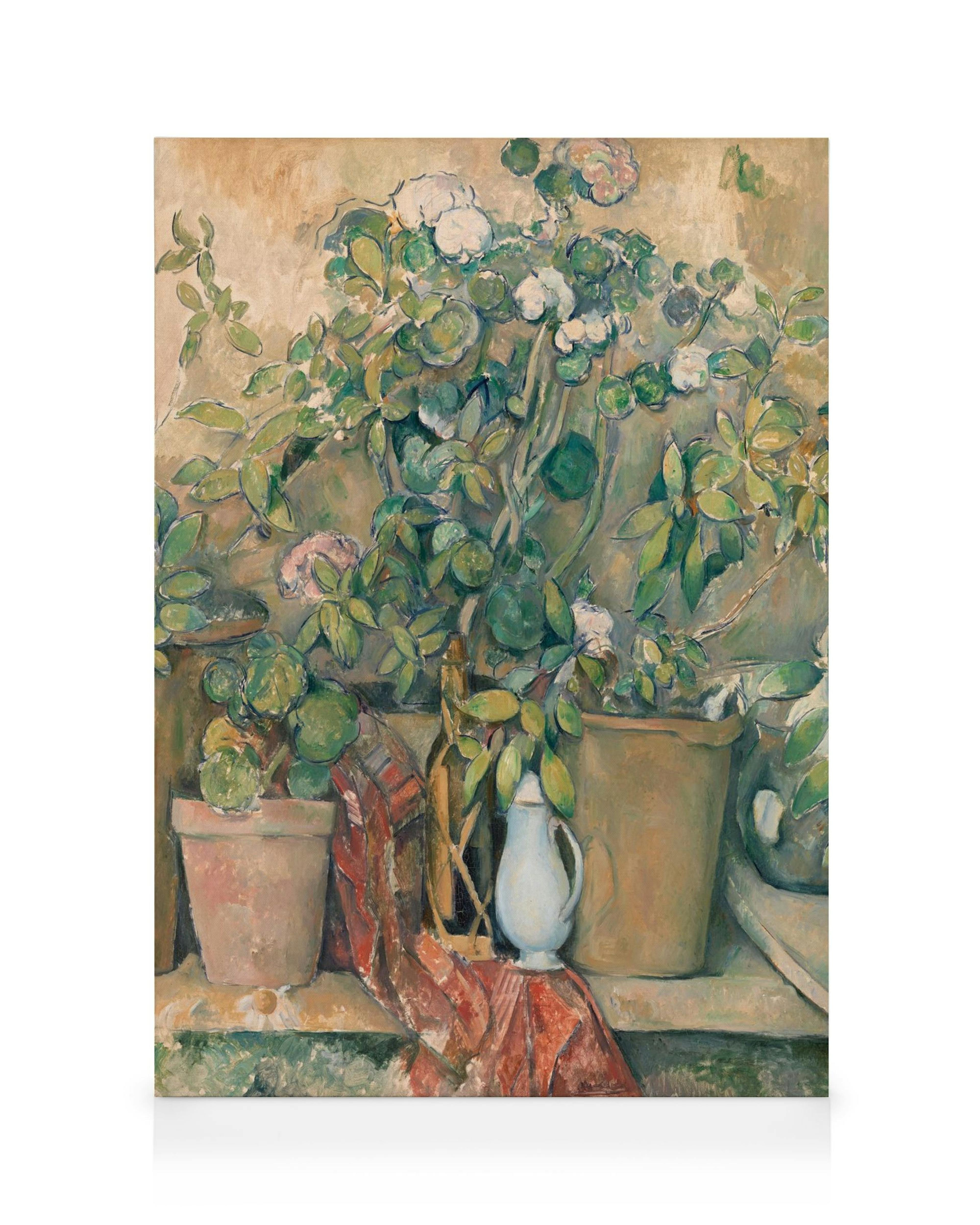 Paul Cézanne, Stillleben mit Terrakottatöpfen und Blumen, post-impressionistisches Ölgemälde, Naturmotiv.