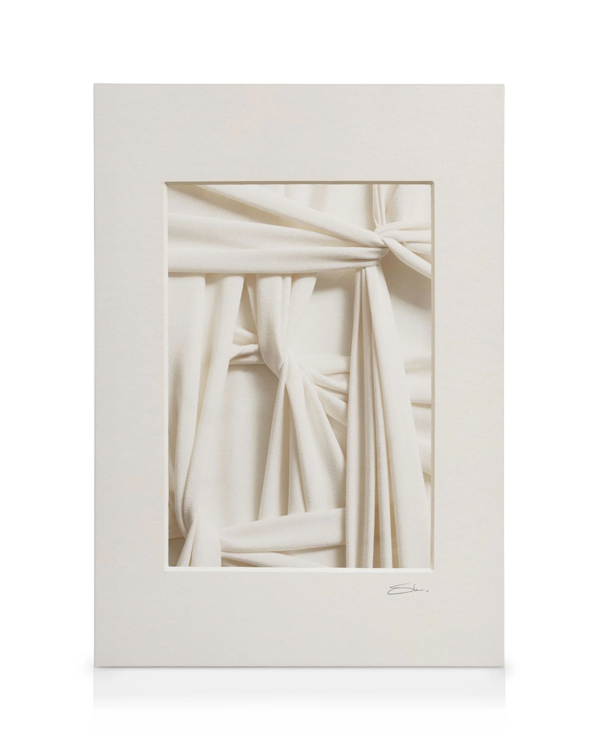 Textured canvas art with intertwined cream fabric, creating abstract knots and folds.
