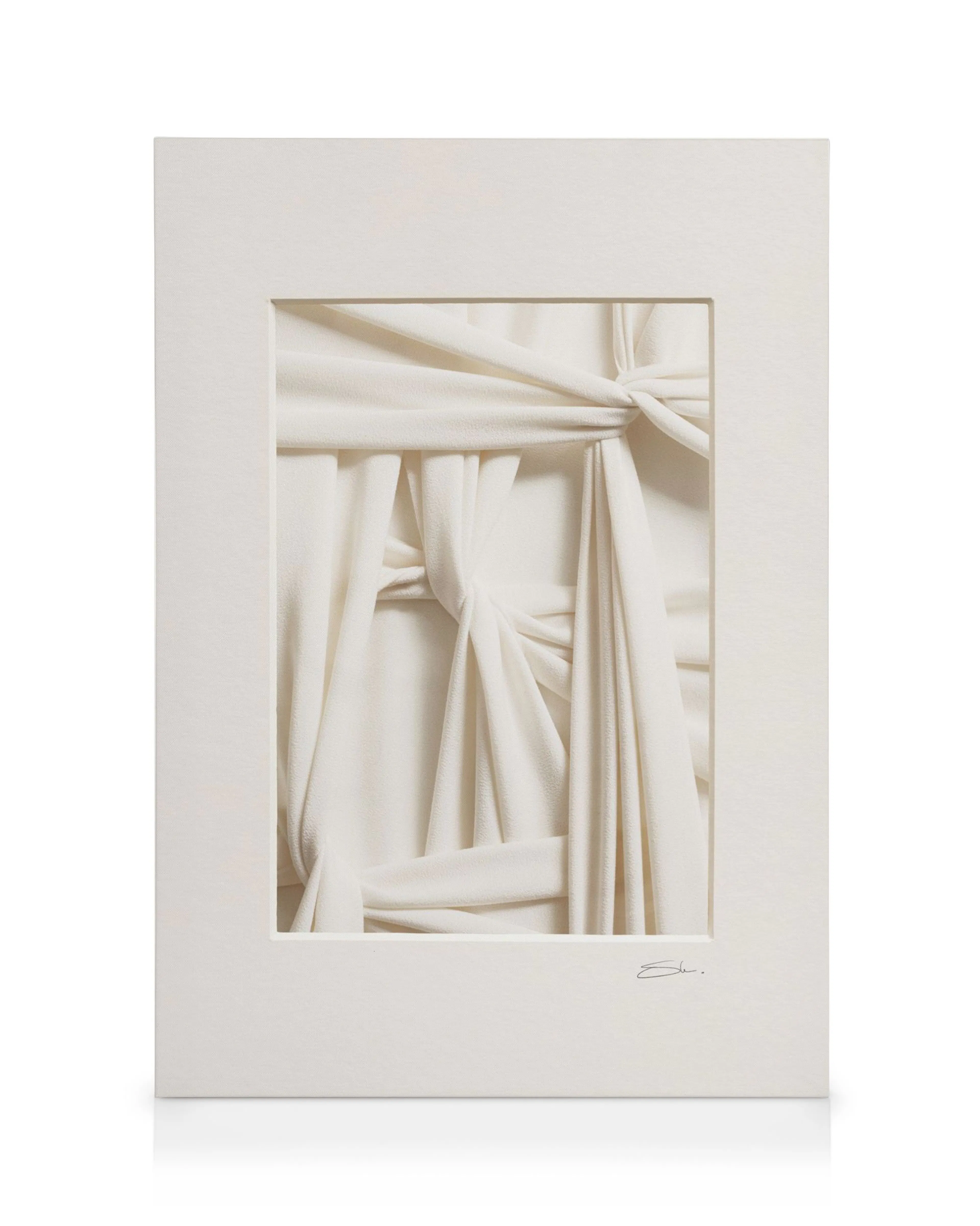 Textured canvas art with intertwined cream fabric, creating abstract knots and folds.