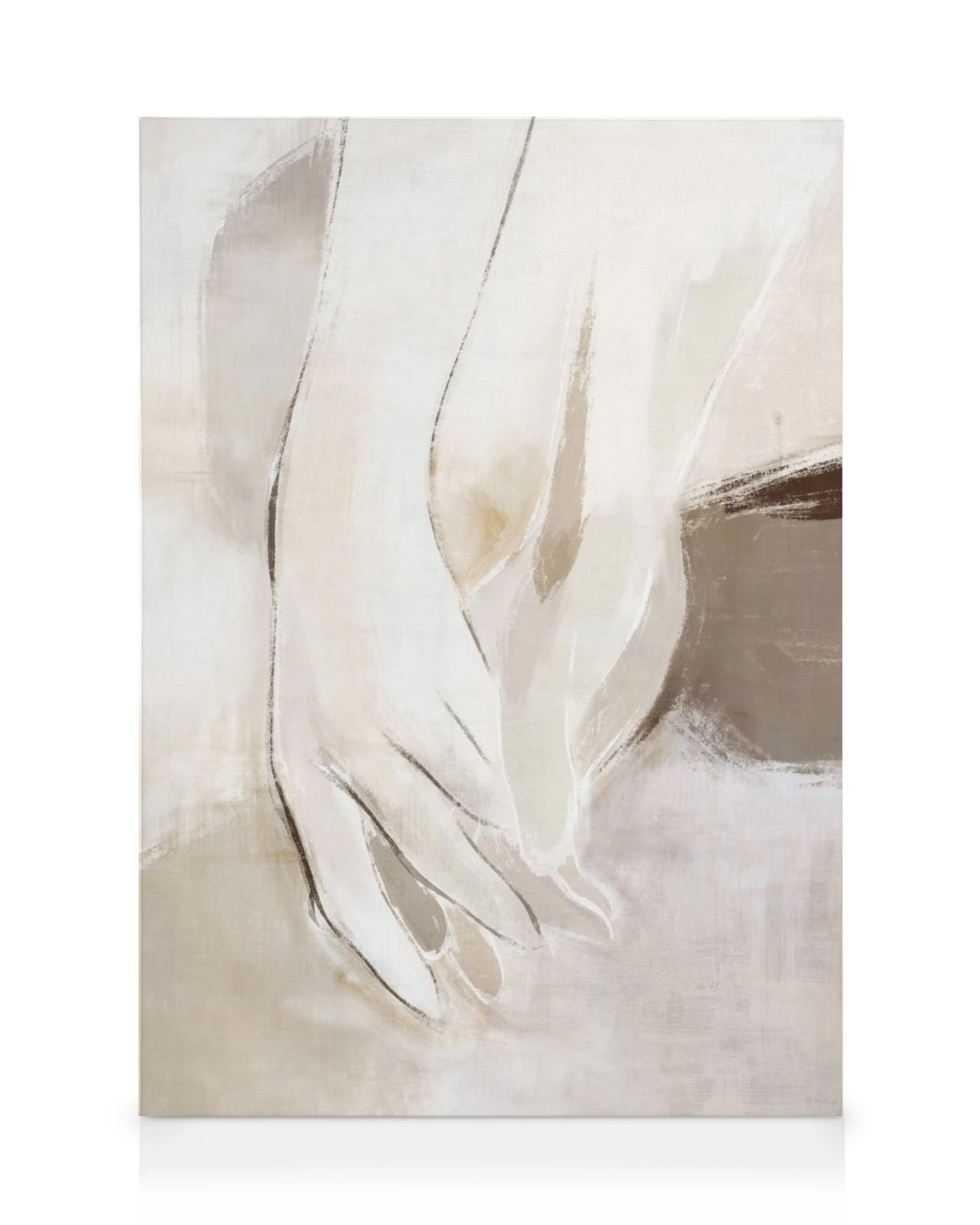Toile Soft Hands abstraite avec mains peintes en blanc, beige et brun sur fond beige, coups de pinceau doux.