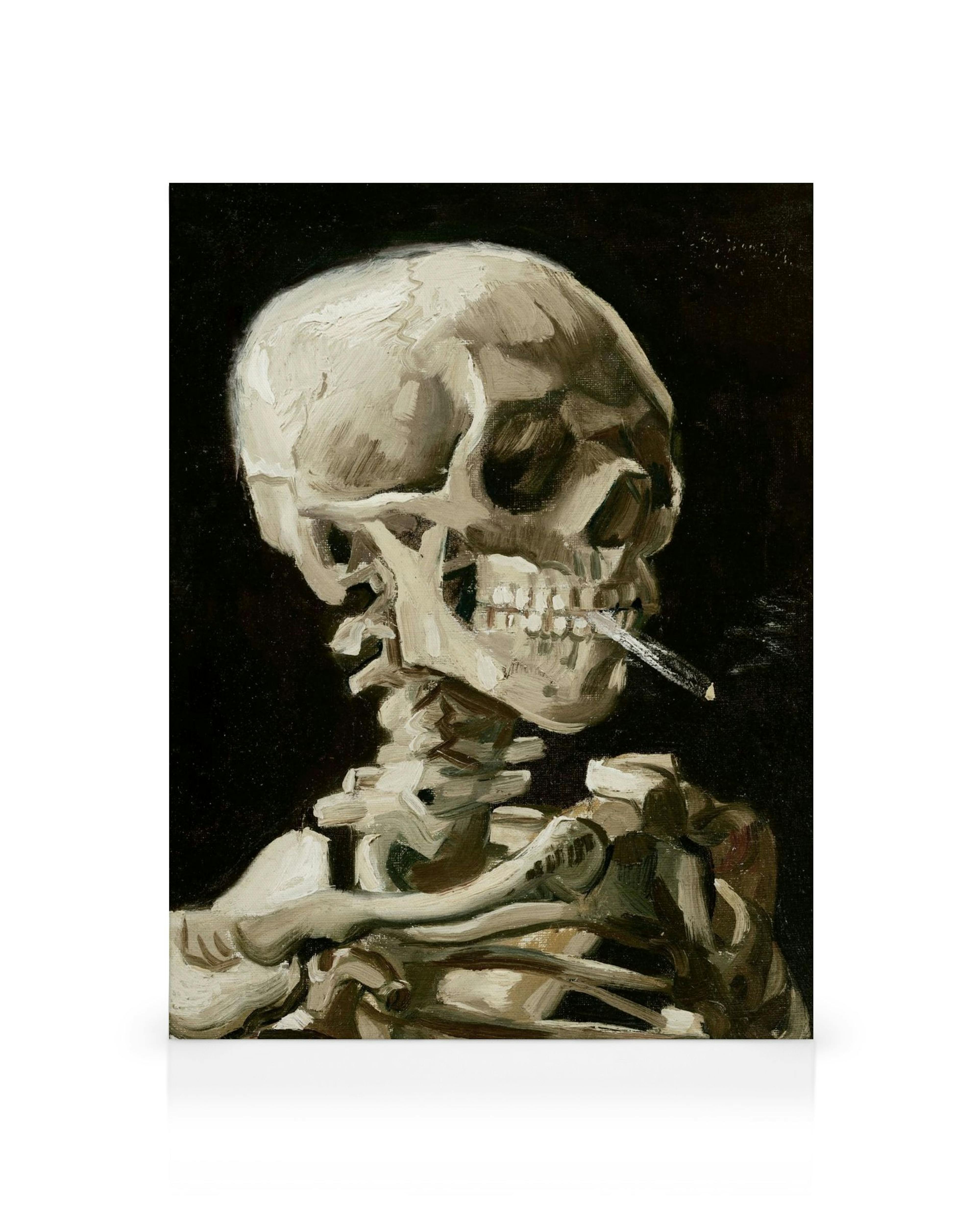 Van Gogh lærred: skelet med cigaret. Mørk kunst, macabre maleri.