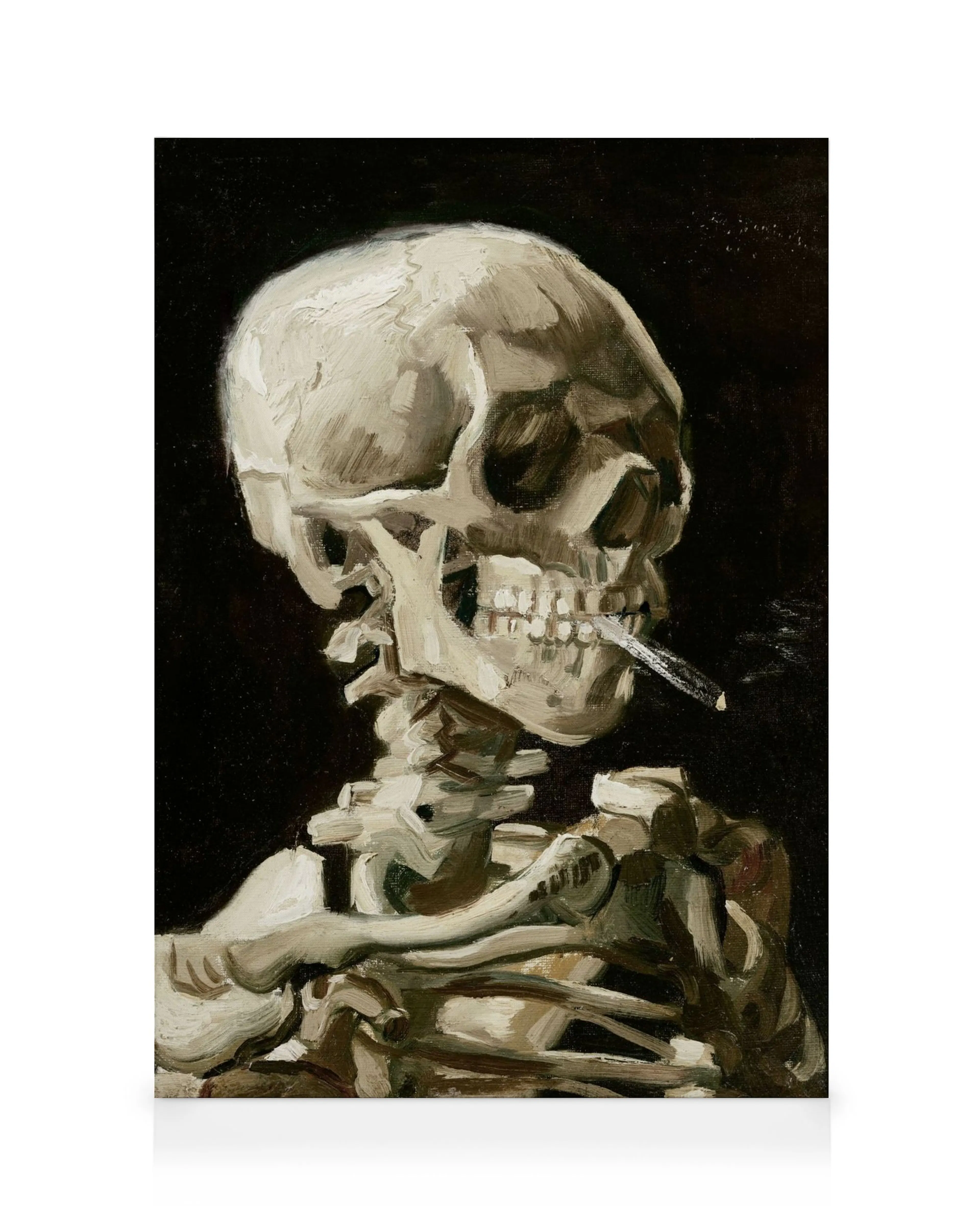 Van Gogh-målning av ett skelett med en brinnande cigarett, i svart, beige och vitt.